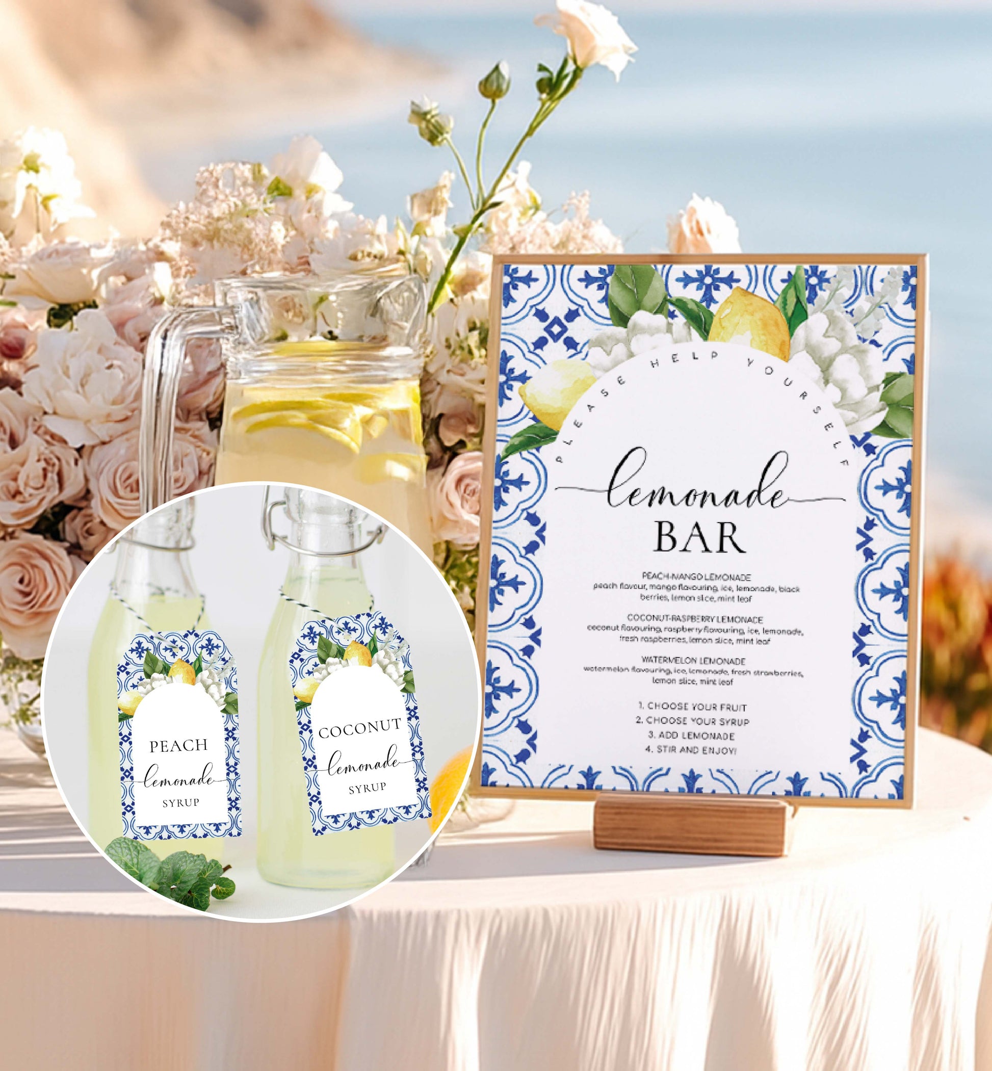 Lemonade bar setup with lemonade bottles and a decorative sign with floral and lemon design. Printable Lemonade Bar Sign, Mediterranean Blue Tile Lemons, Editable Drinks Menu Sign, Mocktails Menu Sign, Signature Drinks Sign, The Med