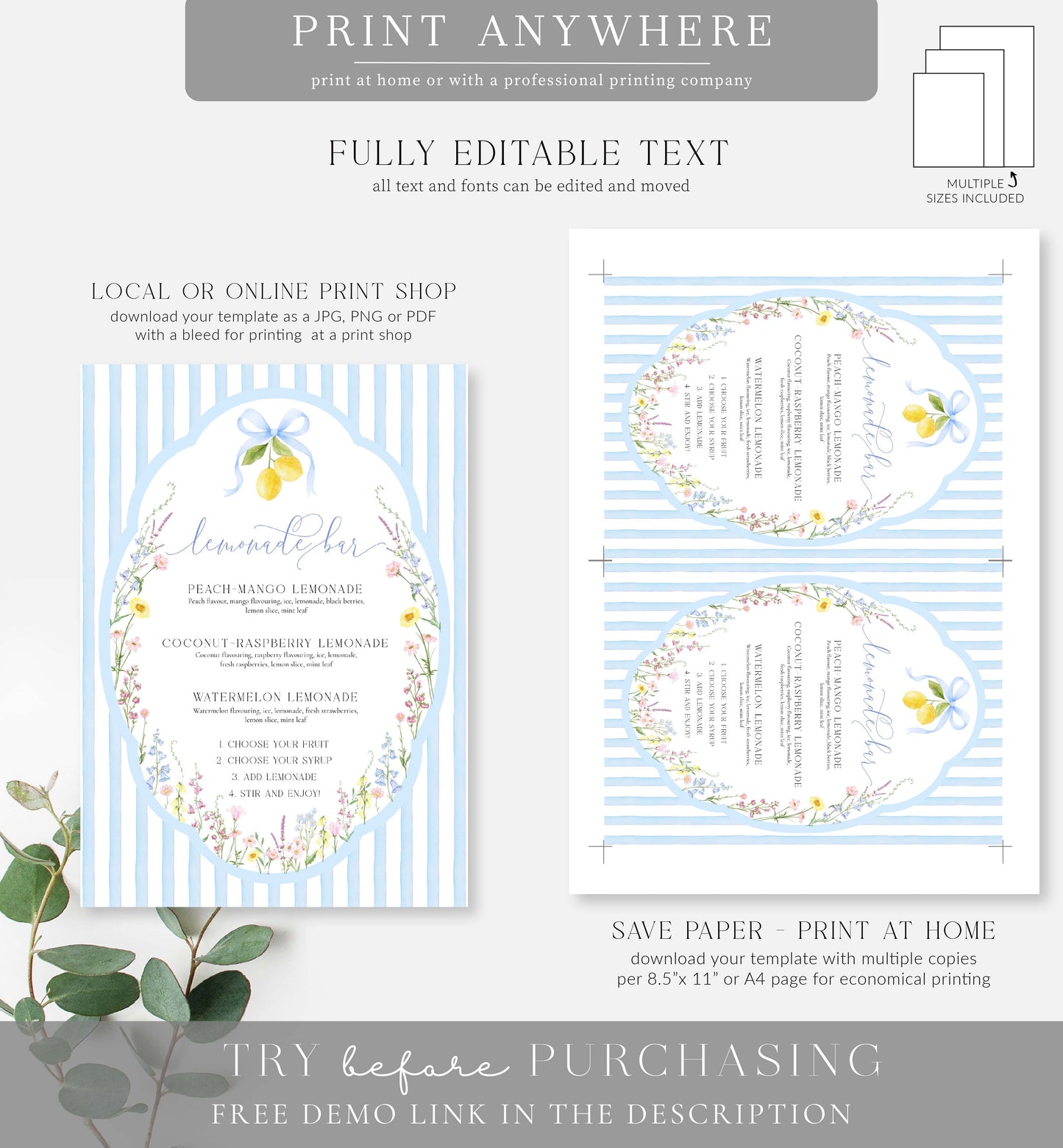 Posey Blue | Printable Lemonade Bar Sign Template
