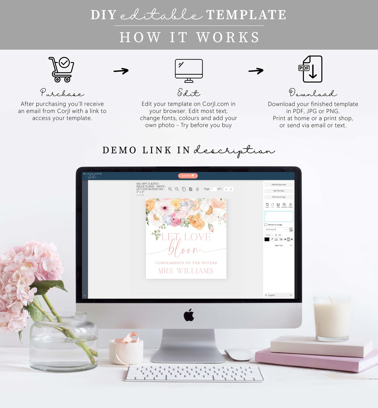 Millie Floral White | Printable Let Love Bloom Favour Tags Template