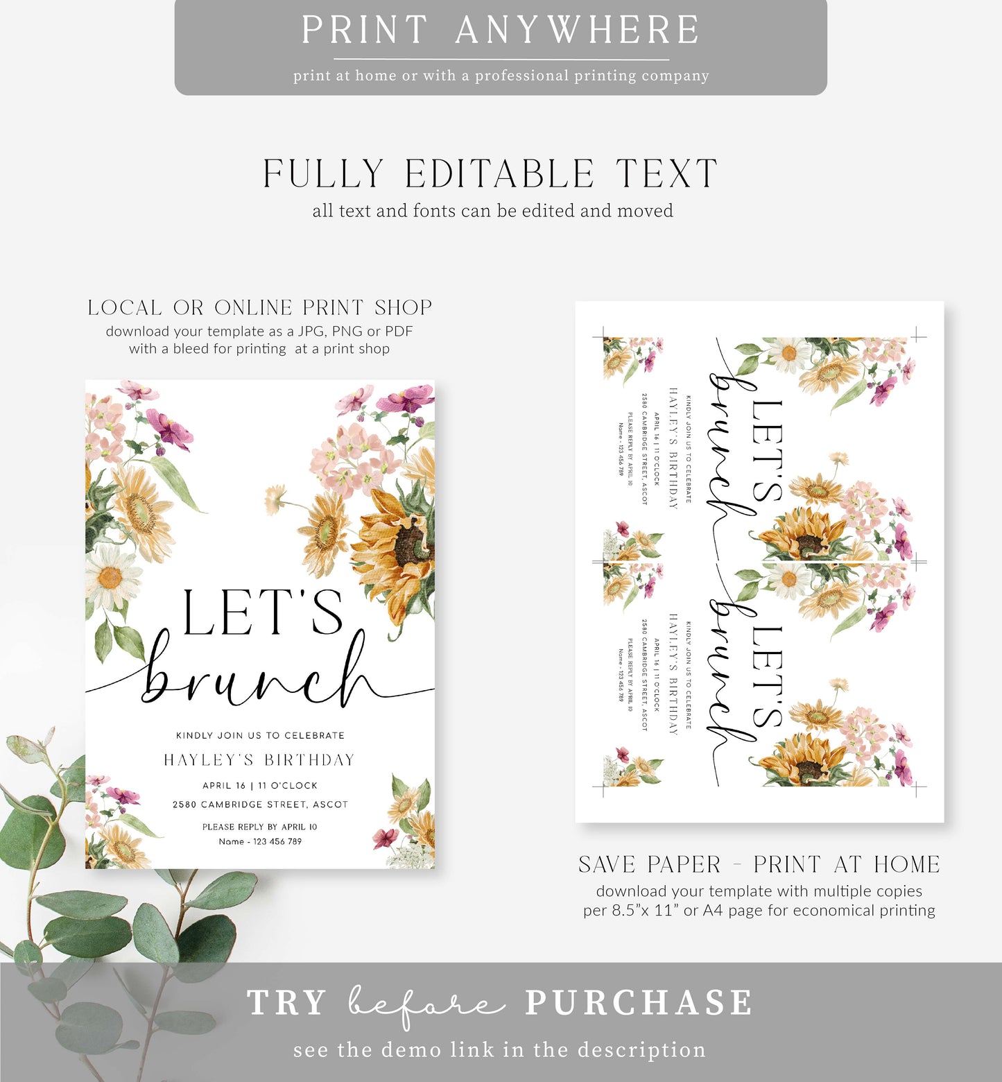 Mews Floral White | Printable Let's Brunch Invitation Template