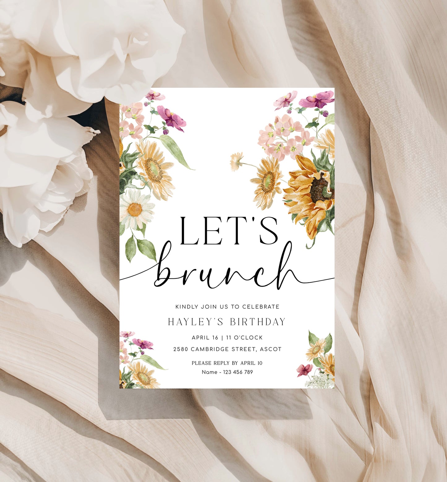 Let's Brunch Invite, Sunflower Fall Floral Birthday Brunch Party Invite, Printable Girls Birthday Party Invite, Ladies Lunch Invite, Mews