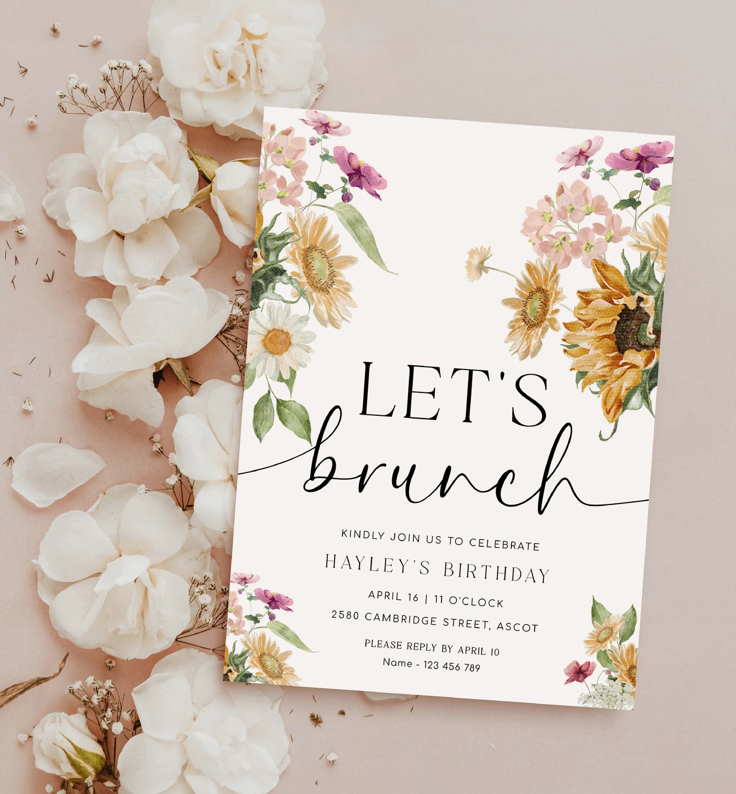 Let's Brunch Invite, Sunflower Fall Floral Birthday Brunch Party Invite, Printable Girls Birthday Party Invite, Ladies Lunch Invite, Mews