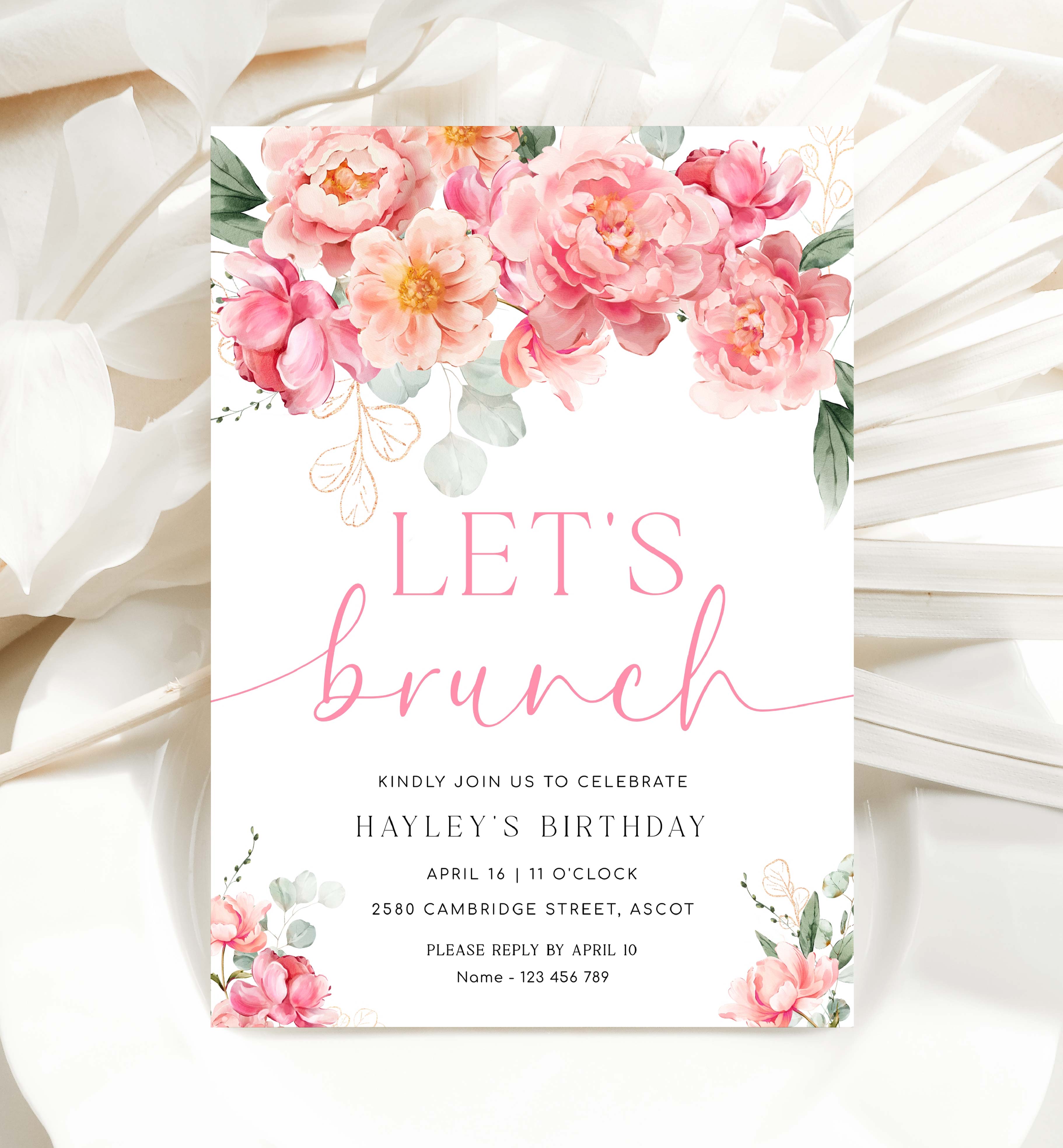 Piper Floral White Printable Let's Brunch Invitation Template Black