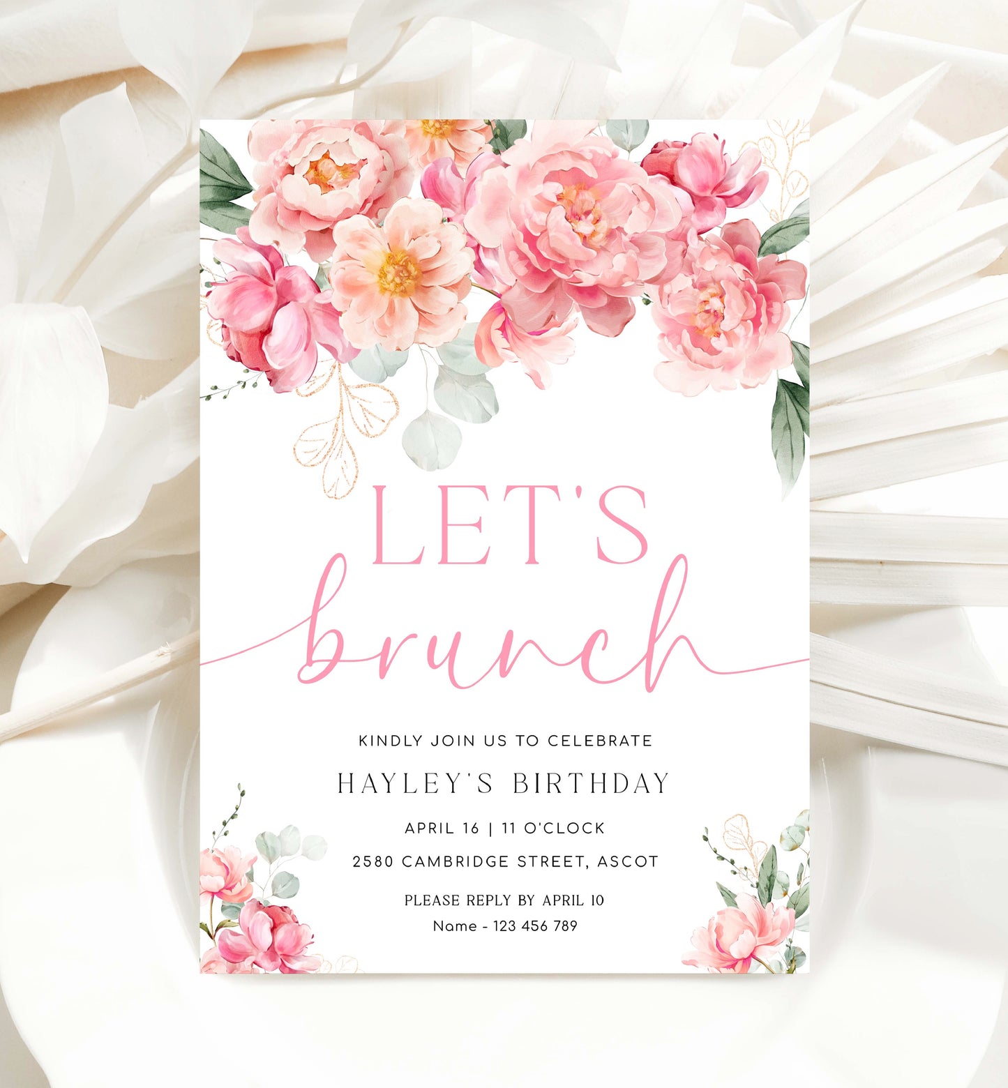 Let's Brunch Invite, Pink Peony Floral Birthday Brunch Party Invite, Printable Girls Birthday Party Invite, Ladies Lunch Invite, Piper