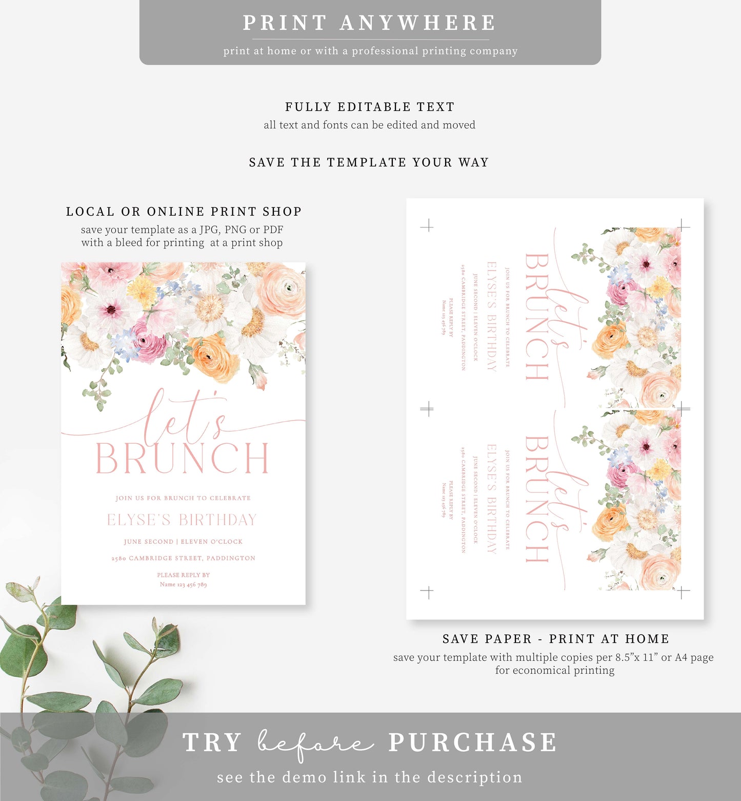 Millie Floral White | Printable Let's Brunch Invitation Template