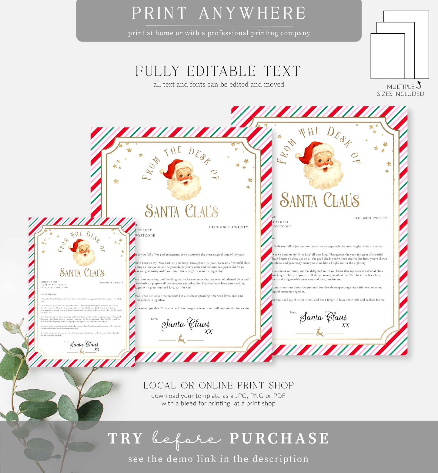 Stripe Pink Multi | Printable Christmas Letter From Santa Template