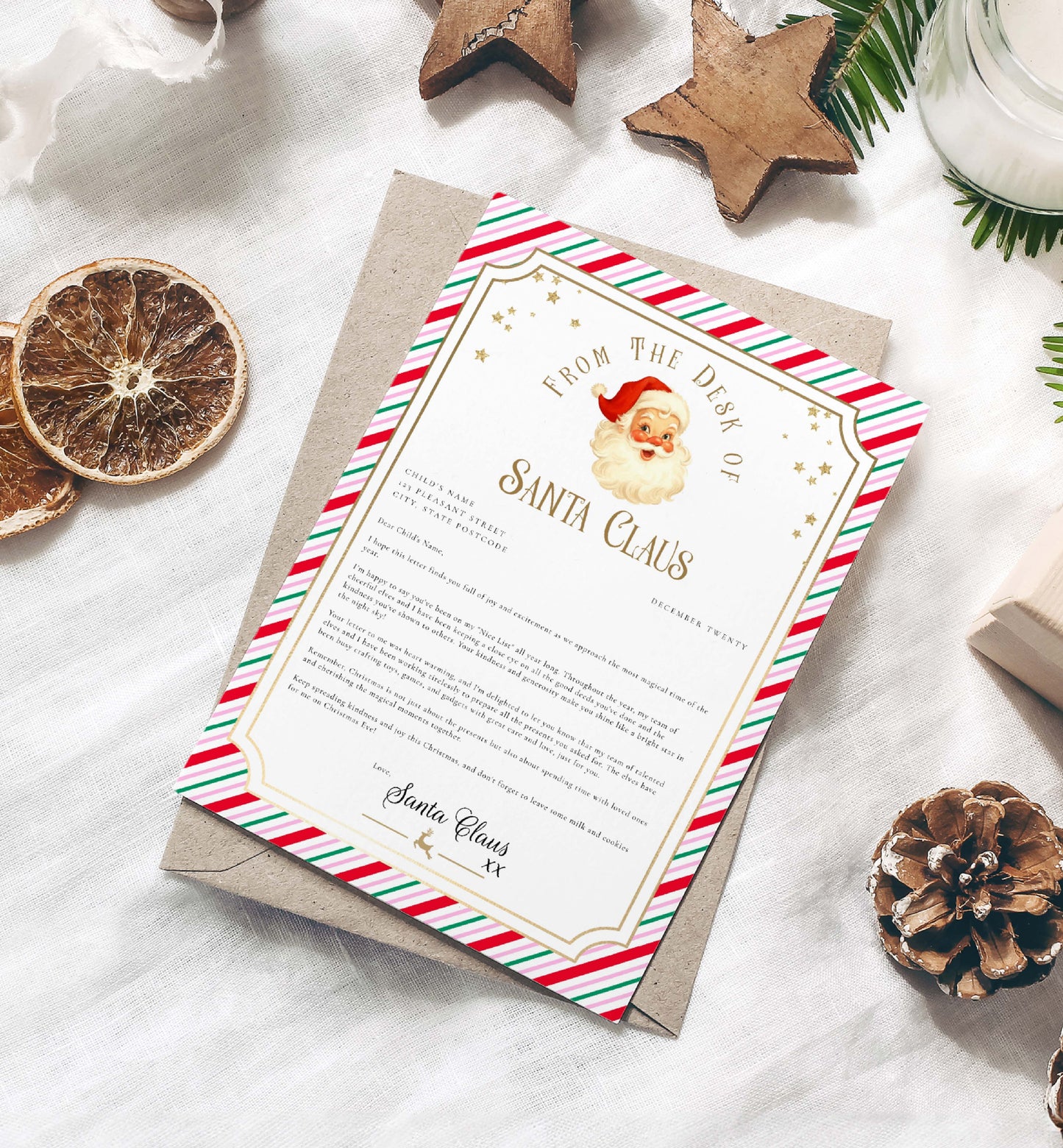 Letter from Santa Claus on a decorative card with Christmas elements on a white surface. Printable Letter From Santa Template, Approved Nice List Member Letter From Santa Claus, Christmas Letter From Santa, Stripe
