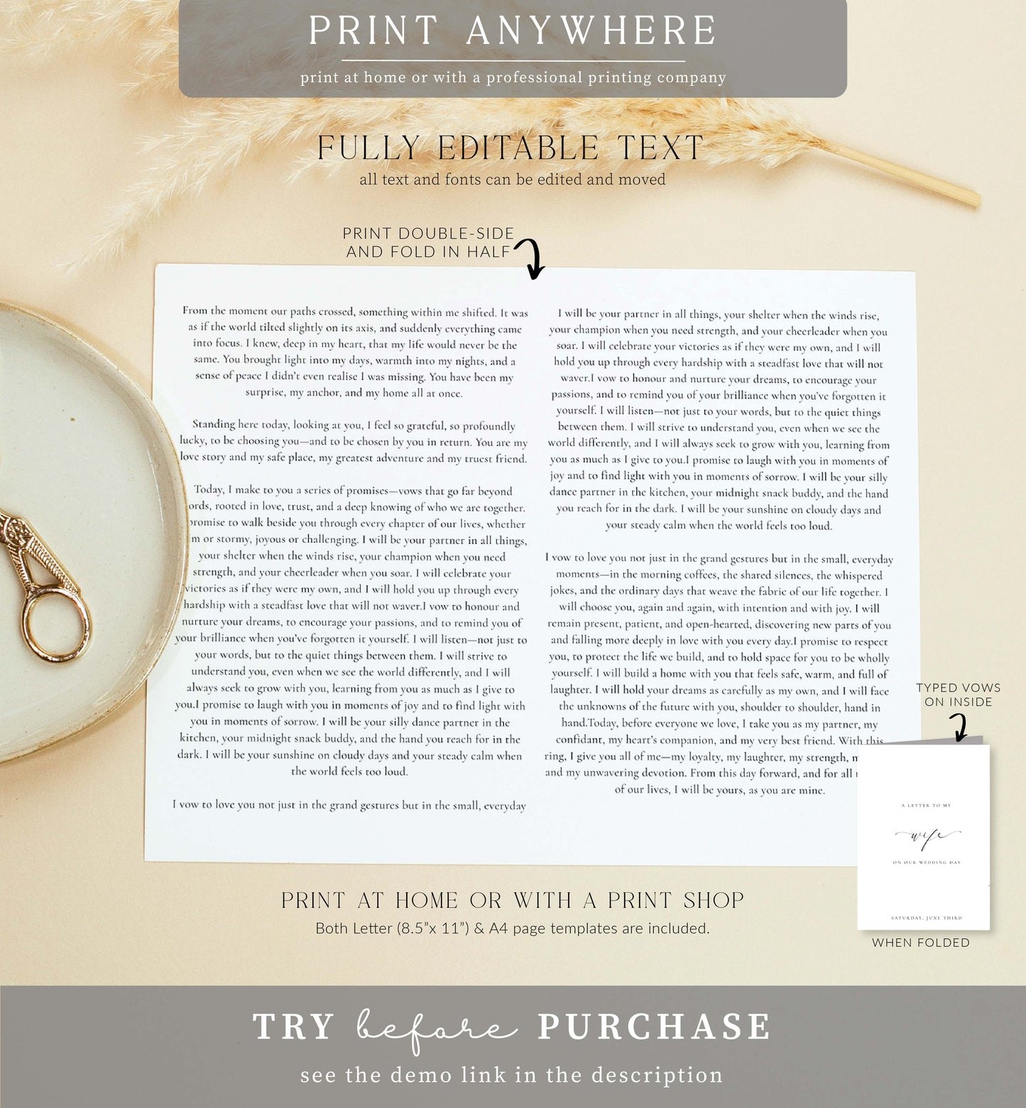 Ellesmere White | Printable A Letter To My Wedding Vow Book Template