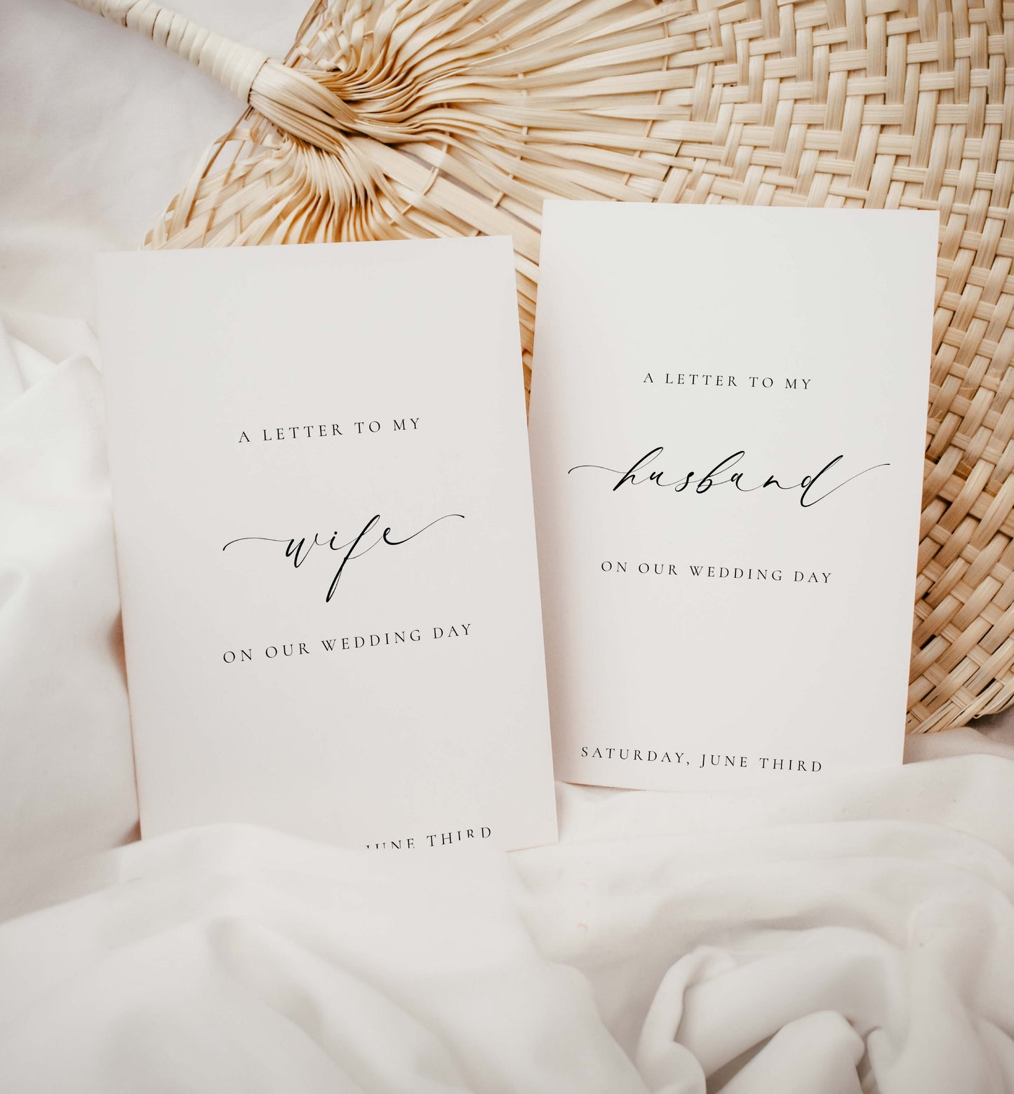Two wedding day letters for a wife and husband on a textured surface. Printable Wedding Vow Books, A Letter To My Husband Wedding Day Card Template, Minimalist Wedding, Bride and Groom Vows Card, Ellesmere