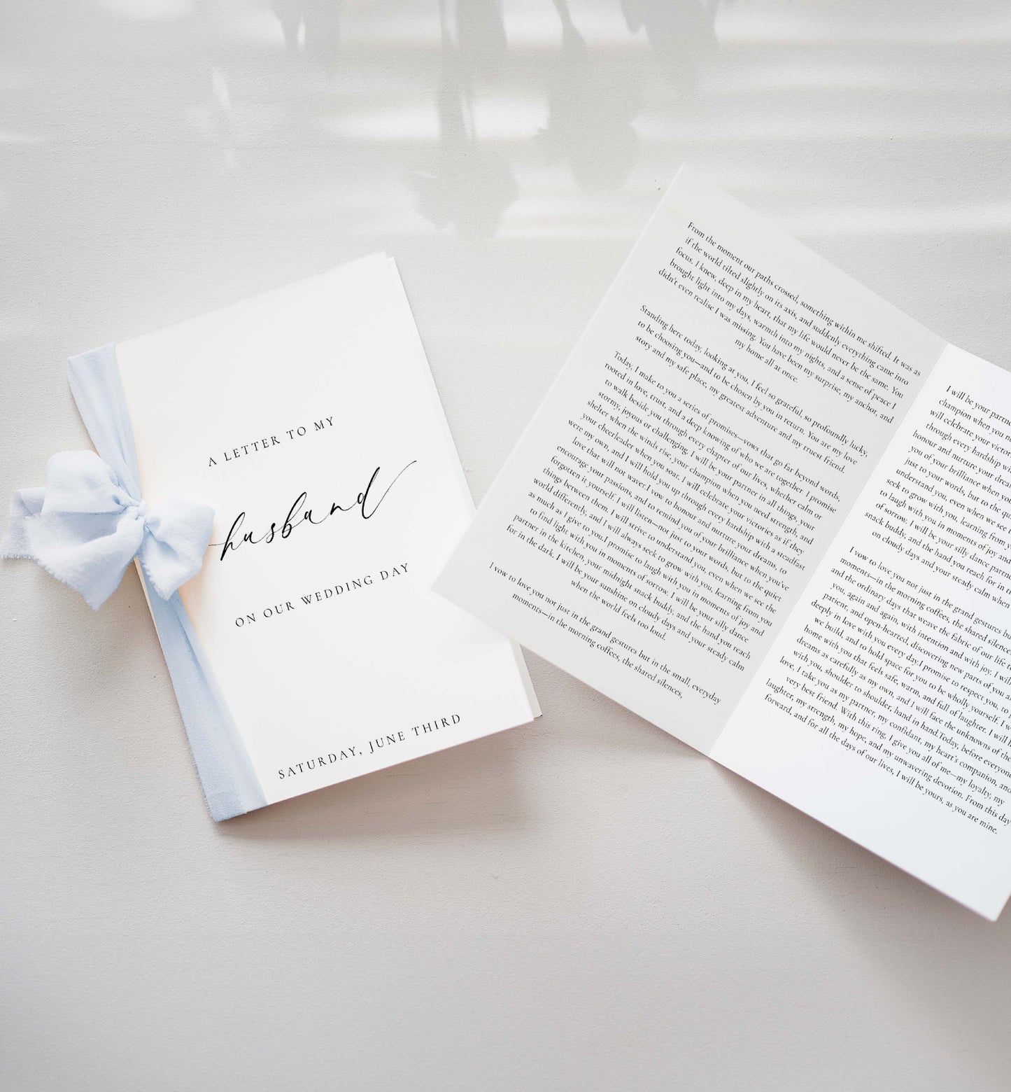 Letter to my husband on our wedding day with a ribbon on a light background. Printable Wedding Vow Books, A Letter To My Husband Wedding Day Card Template, Minimalist Wedding, Bride and Groom Vows Card, Ellesmere