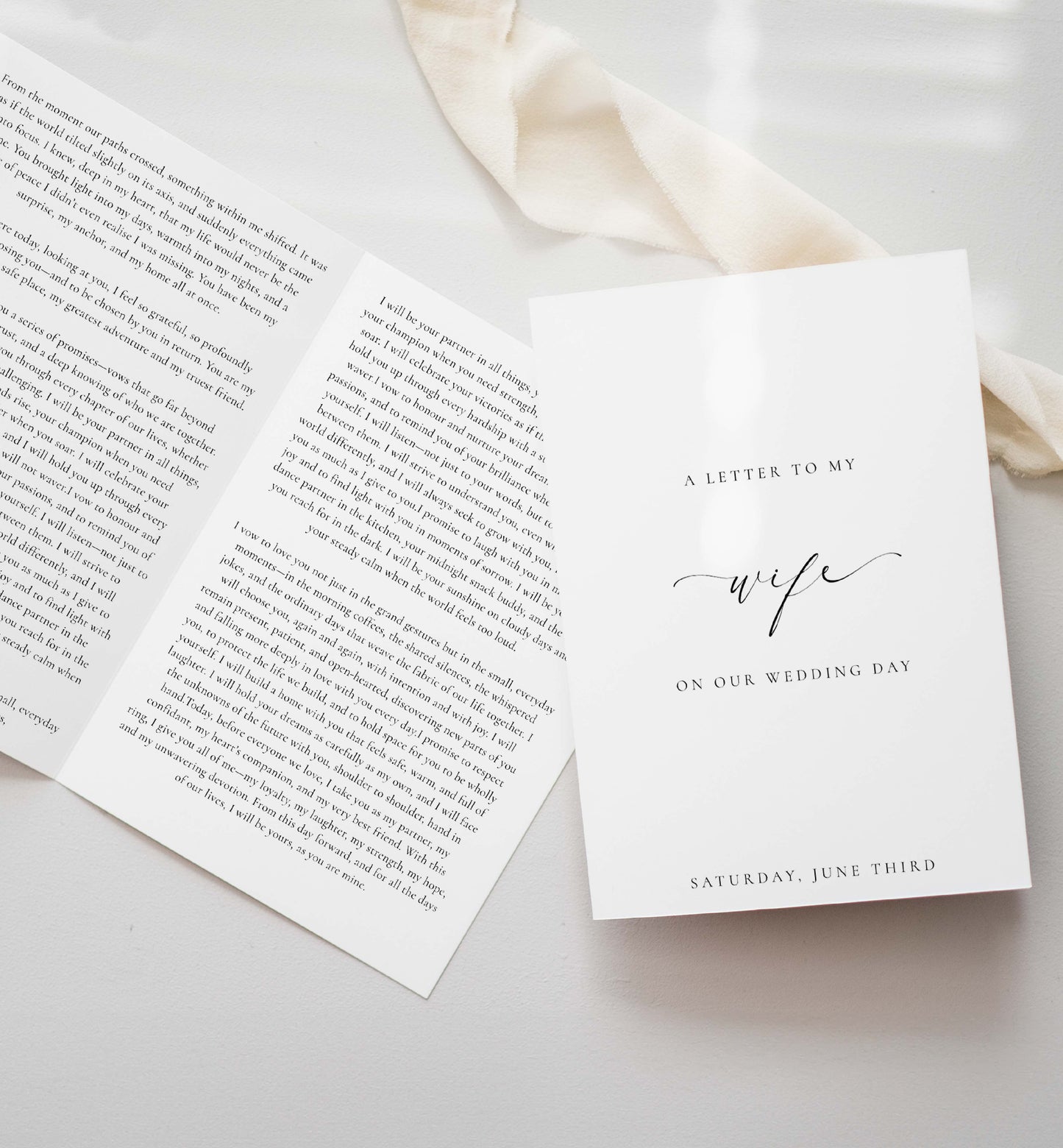 Letter to my wife on our wedding day with a white envelope on a light background. Printable Wedding Vow Books, A Letter To My Husband Wedding Day Card Template, Minimalist Wedding, Bride and Groom Vows Card, Ellesmere
