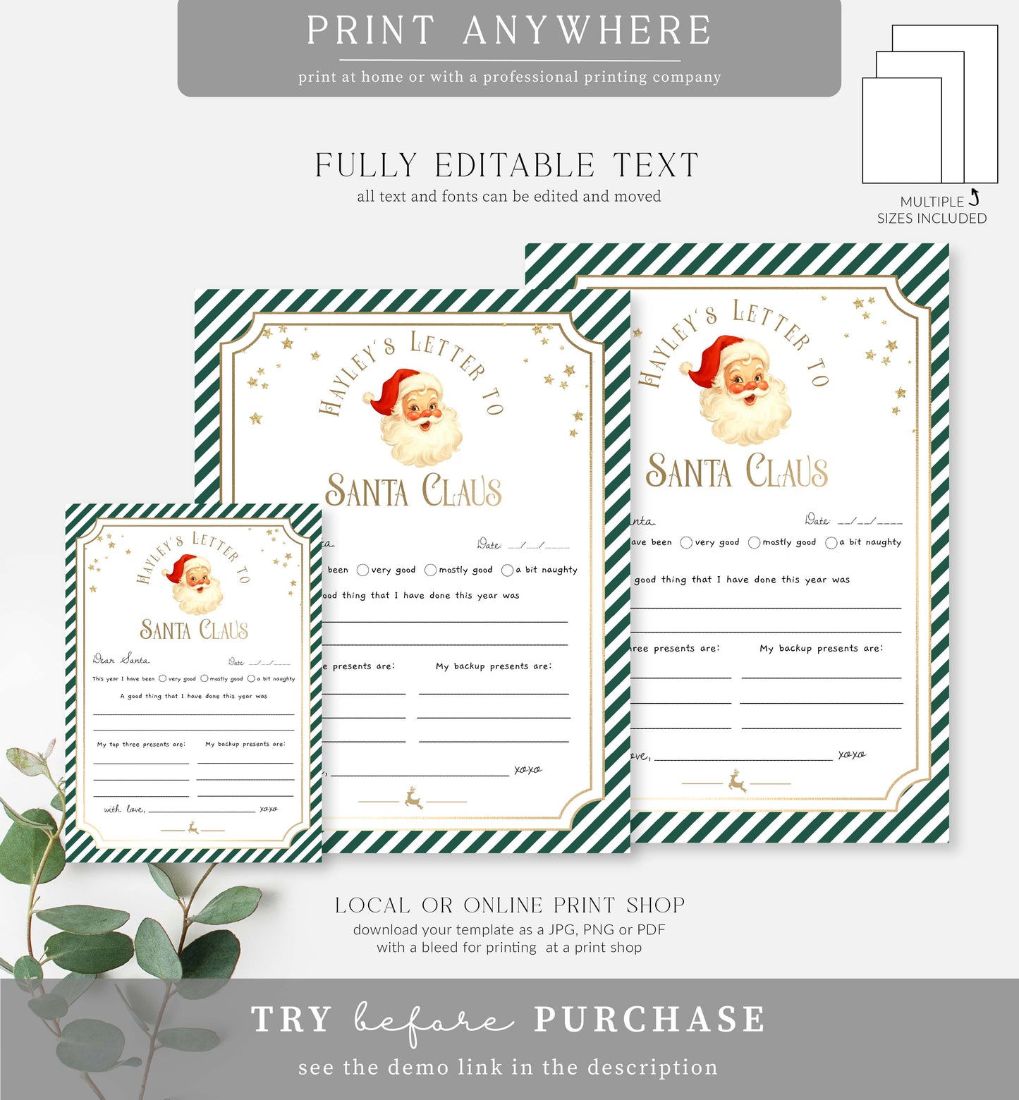 Stripe Green | Printable Christmas Letter To Santa Template