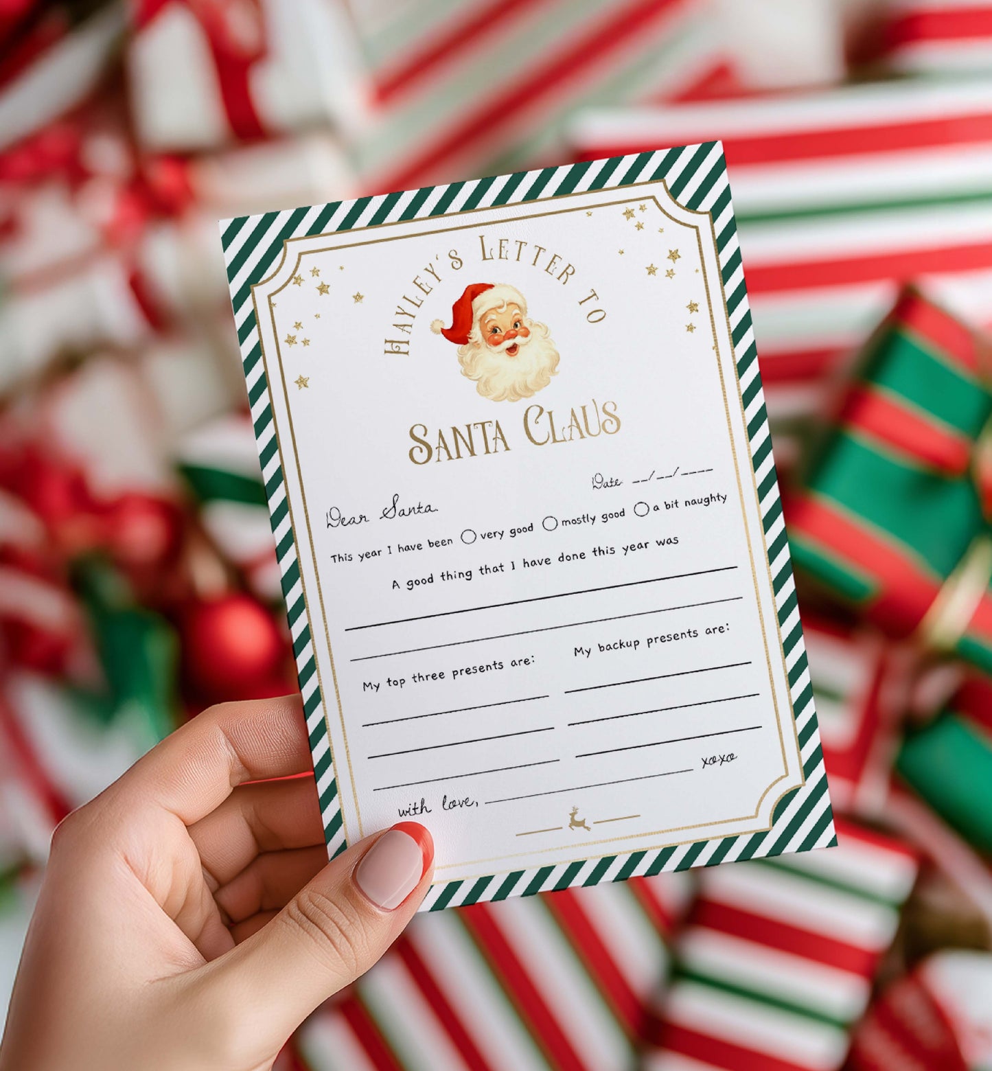 Letter to Santa Claus held by a hand with Christmas-themed background. Printable Letter To Santa Template, Christmas Eve Mail for Kids, Children's Christmas Wish List, Dear Santa Christmas Letter, Stripe Green