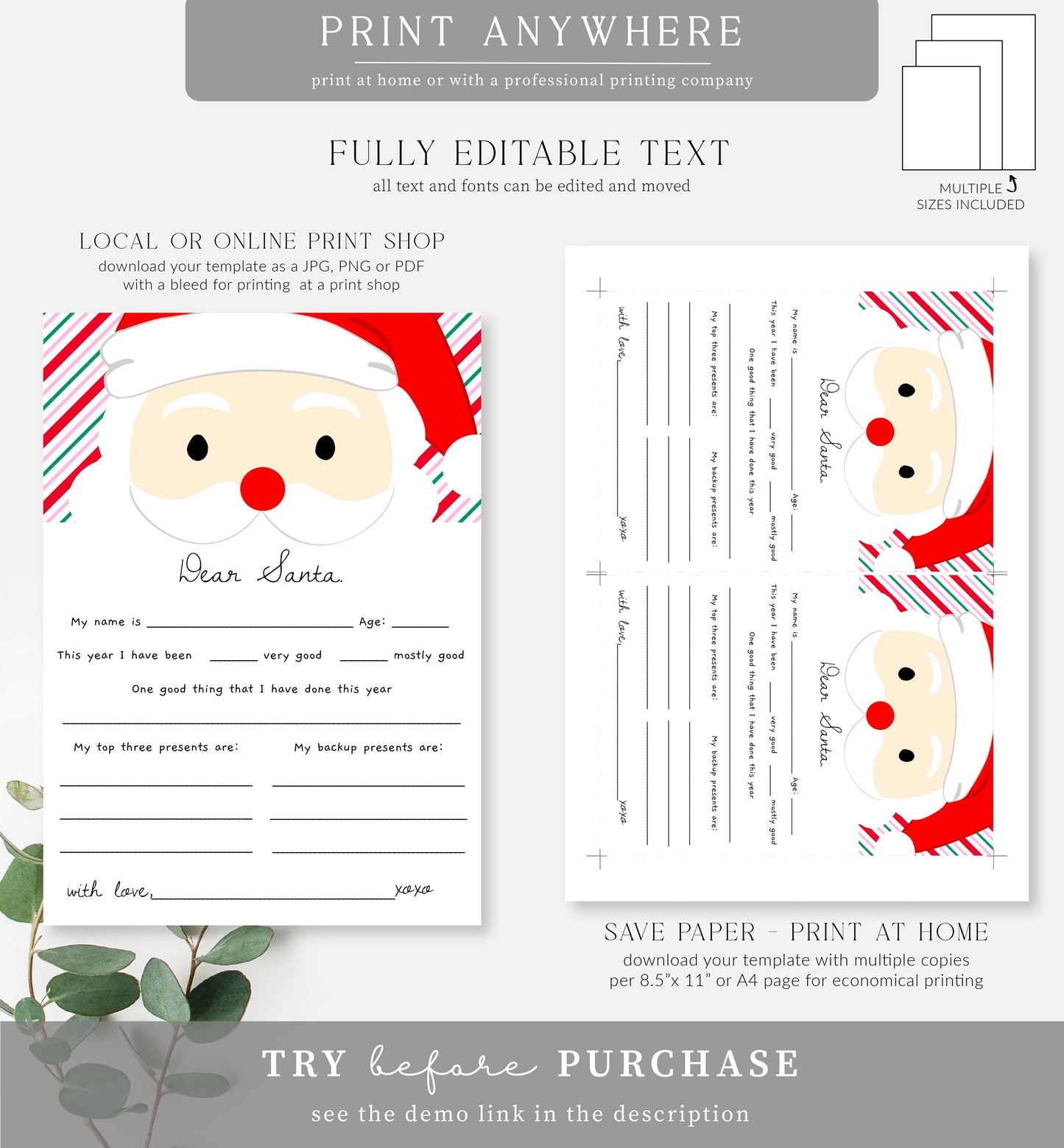 Stripe Pink Multi | Printable Christmas Letter To Santa Template