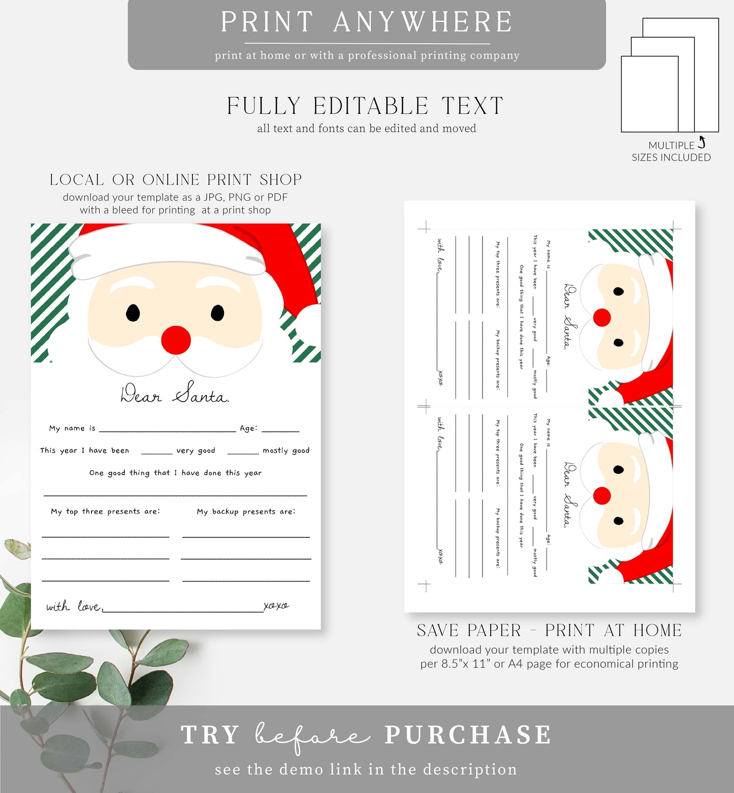 Stripe Green | Printable Christmas Letter To Santa Template