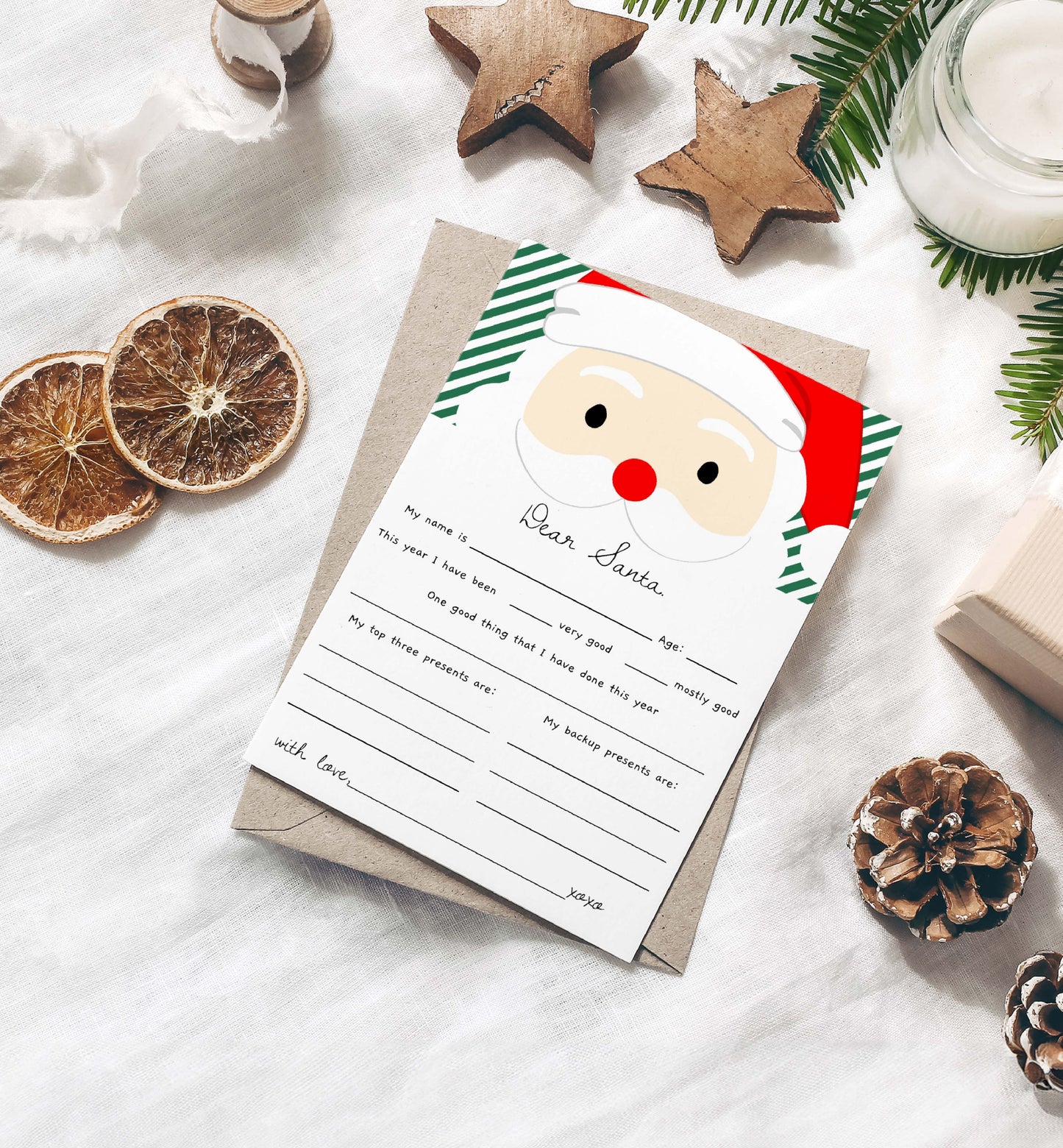 Printable Letter To Santa Template, Christmas Eve Mail for Kids, Children's Christmas Wish List, Dear Santa Christmas Letter, Stripe Green