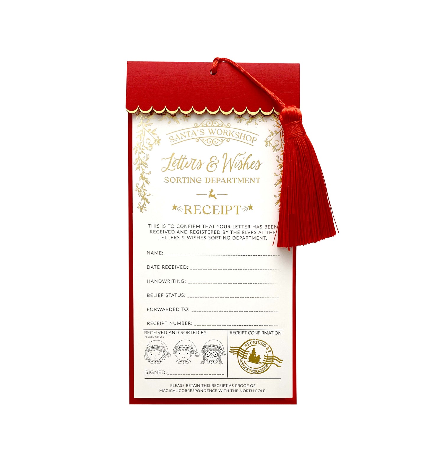 Fantasy 'Letters and Wishes Sorting Department' receipt with red envelope and tassel on a white background. Letter To Santa Receipt Christmas Gift Tags, Red Envelope and Red Tassel, From Santa's Workshop Gift Tag Label, North Pole Gift Tag