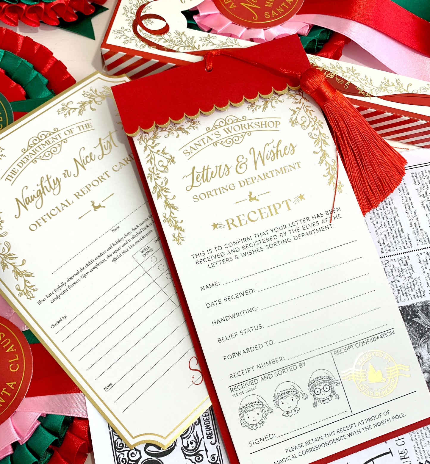 Christmas-themed letter and envelope set with Santa's Workshop design. Letter To Santa Receipt Christmas Gift Tags, Red Envelope and Red Tassel, From Santa's Workshop Gift Tag Label, North Pole Gift Tag