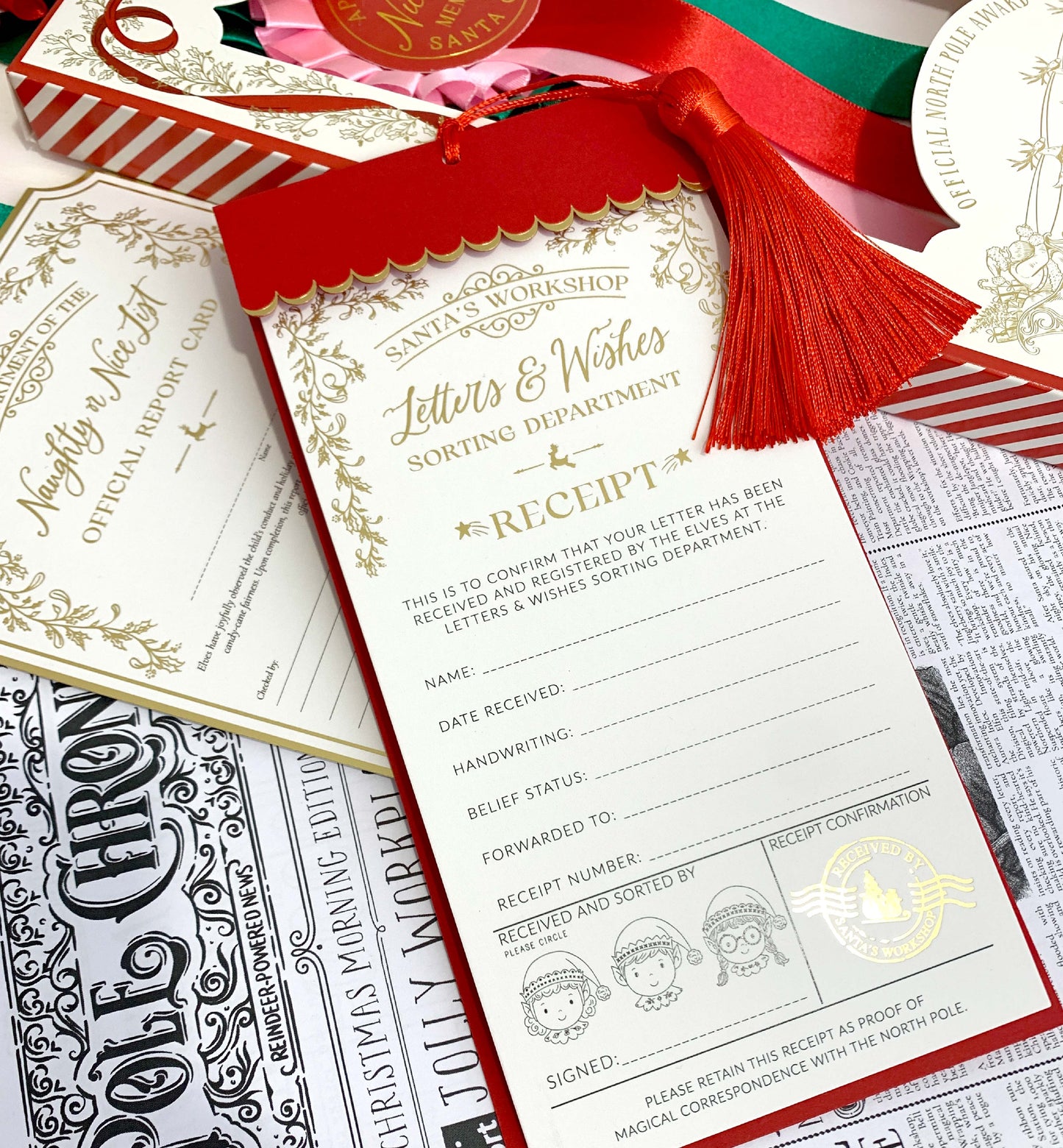 Christmas-themed letter and receipt card with red tassel on a festive background. Letter To Santa Receipt Christmas Gift Tags, Red Envelope and Red Tassel, From Santa's Workshop Gift Tag Label, North Pole Gift Tag
