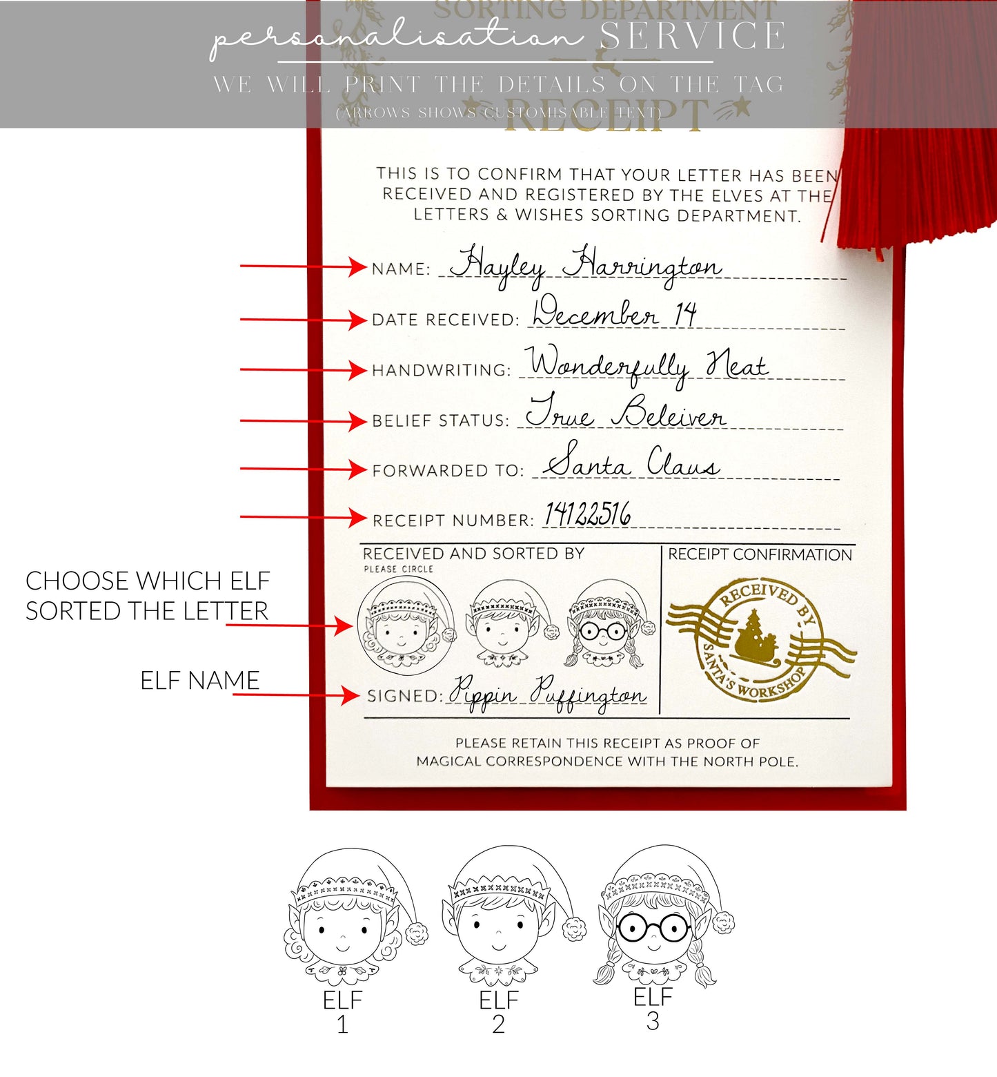 Elf letter with personalized details and signature, featuring red and white design. Letter To Santa Receipt Christmas Gift Tags, Red Envelope and Red Tassel, From Santa's Workshop Gift Tag Label, North Pole Gift Tag