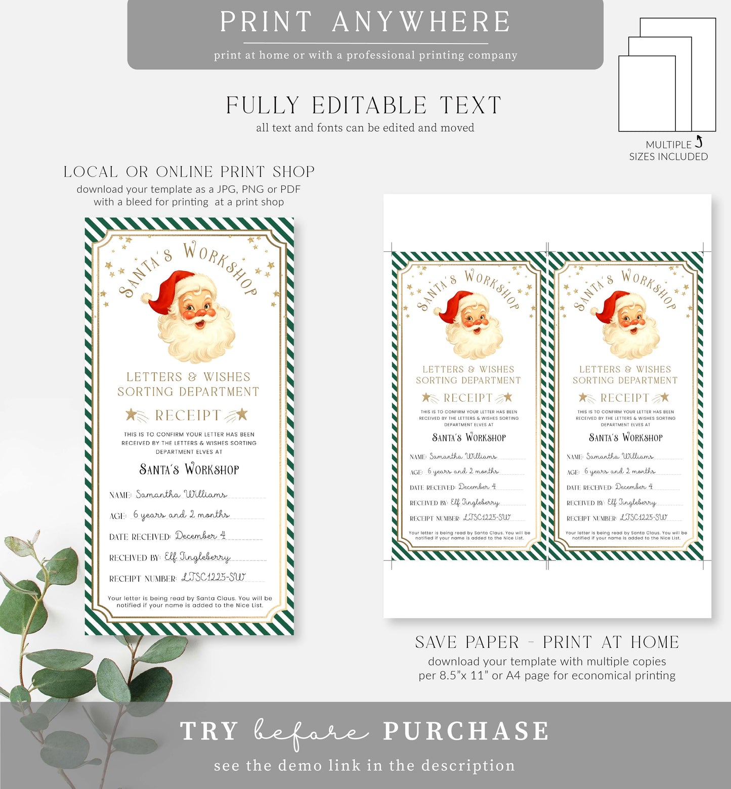 Santa's Workshop Green | Printable Letter To Santa Receipt Template