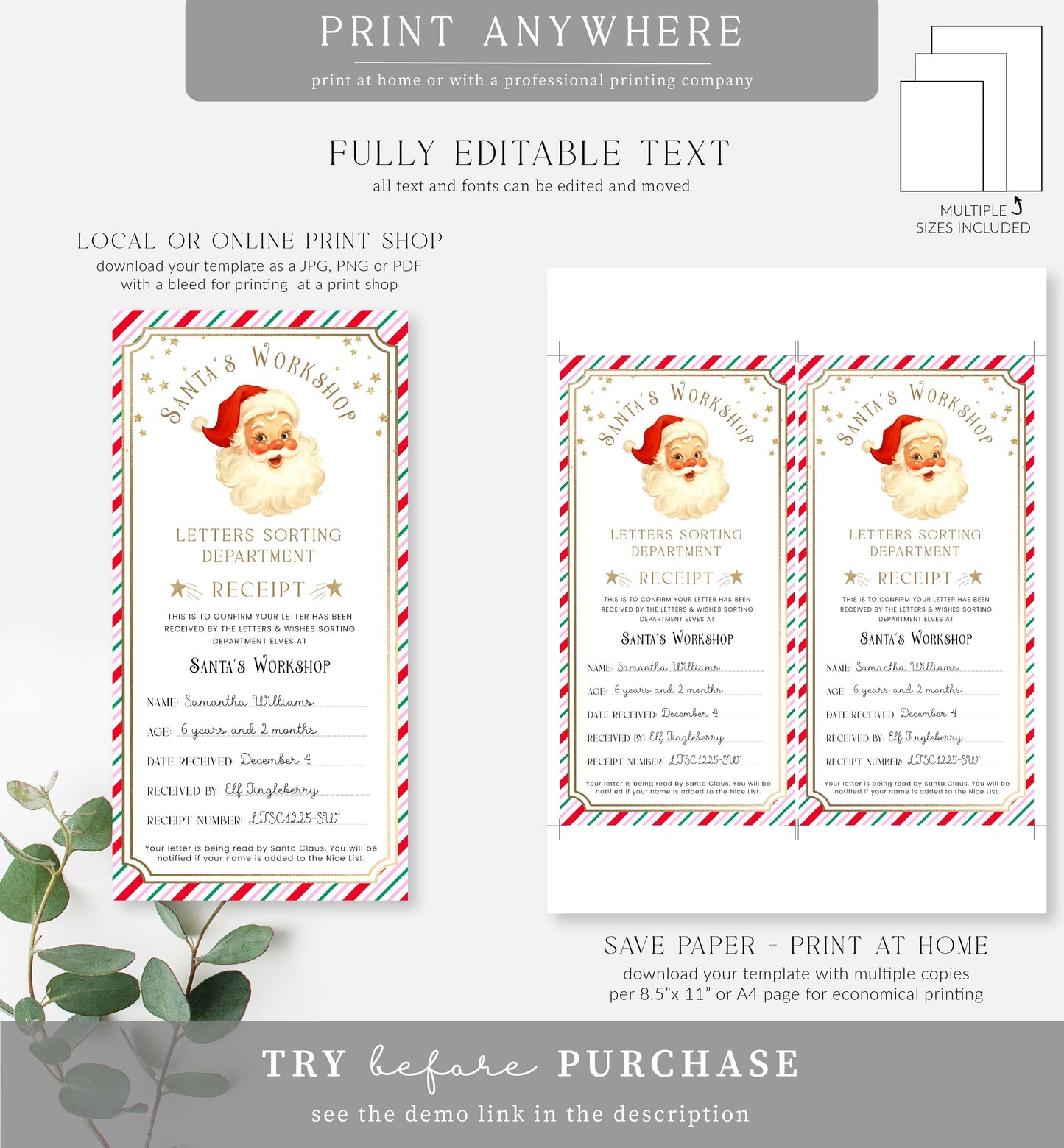 Santa's Workshop Pink Red | Printable Letter To Santa Receipt Template