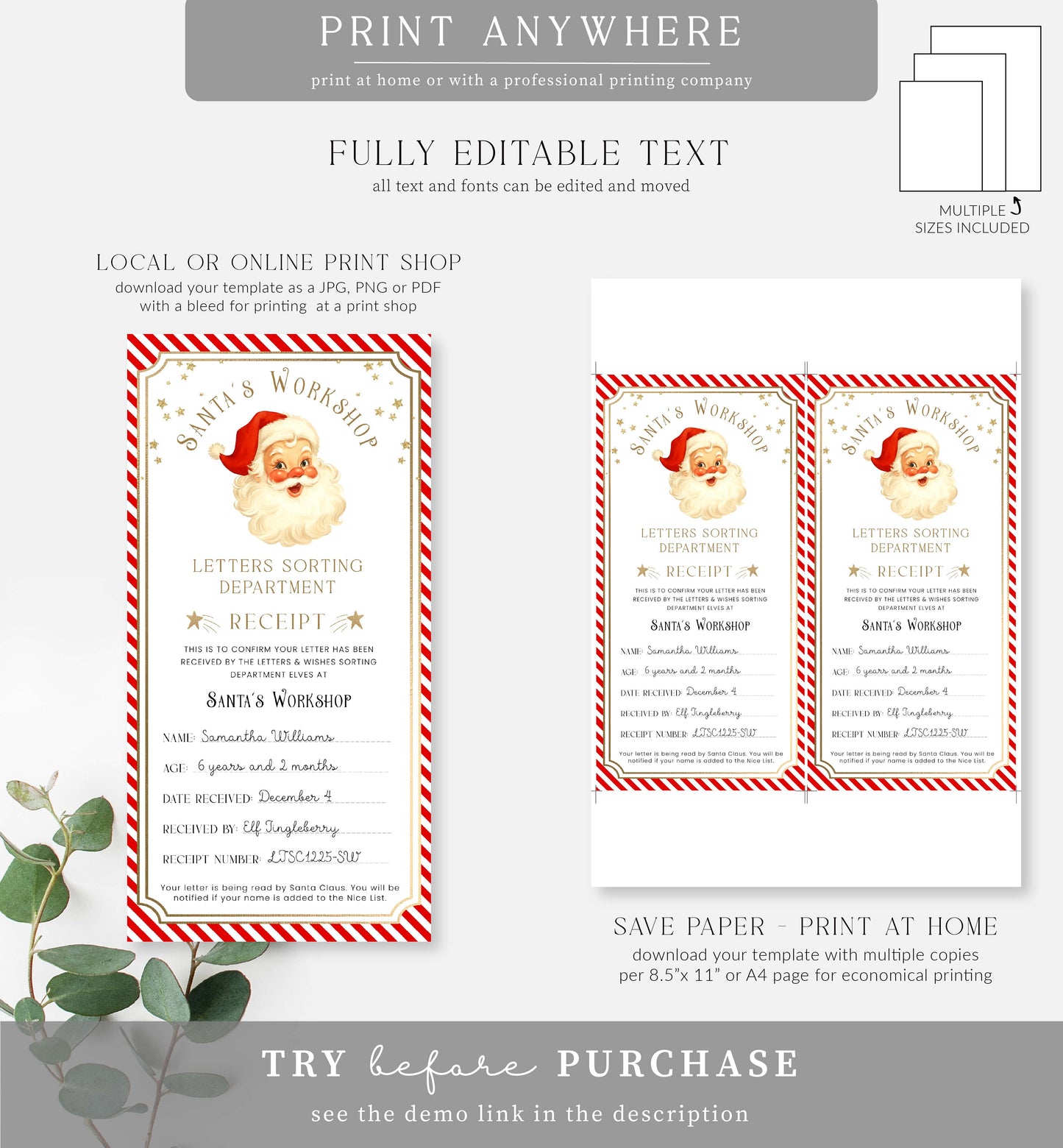 Santa's Workshop Red | Printable Letter To Santa Receipt Template