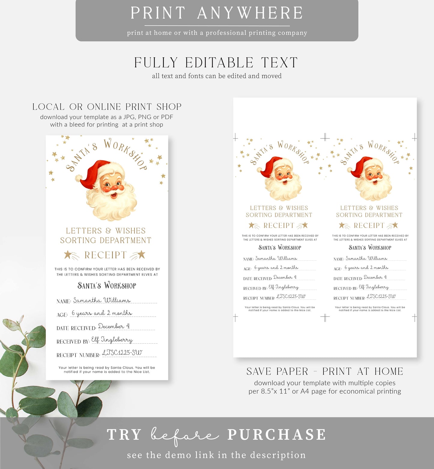 Santa's Workshop White | Printable Letter To Santa Receipt Template