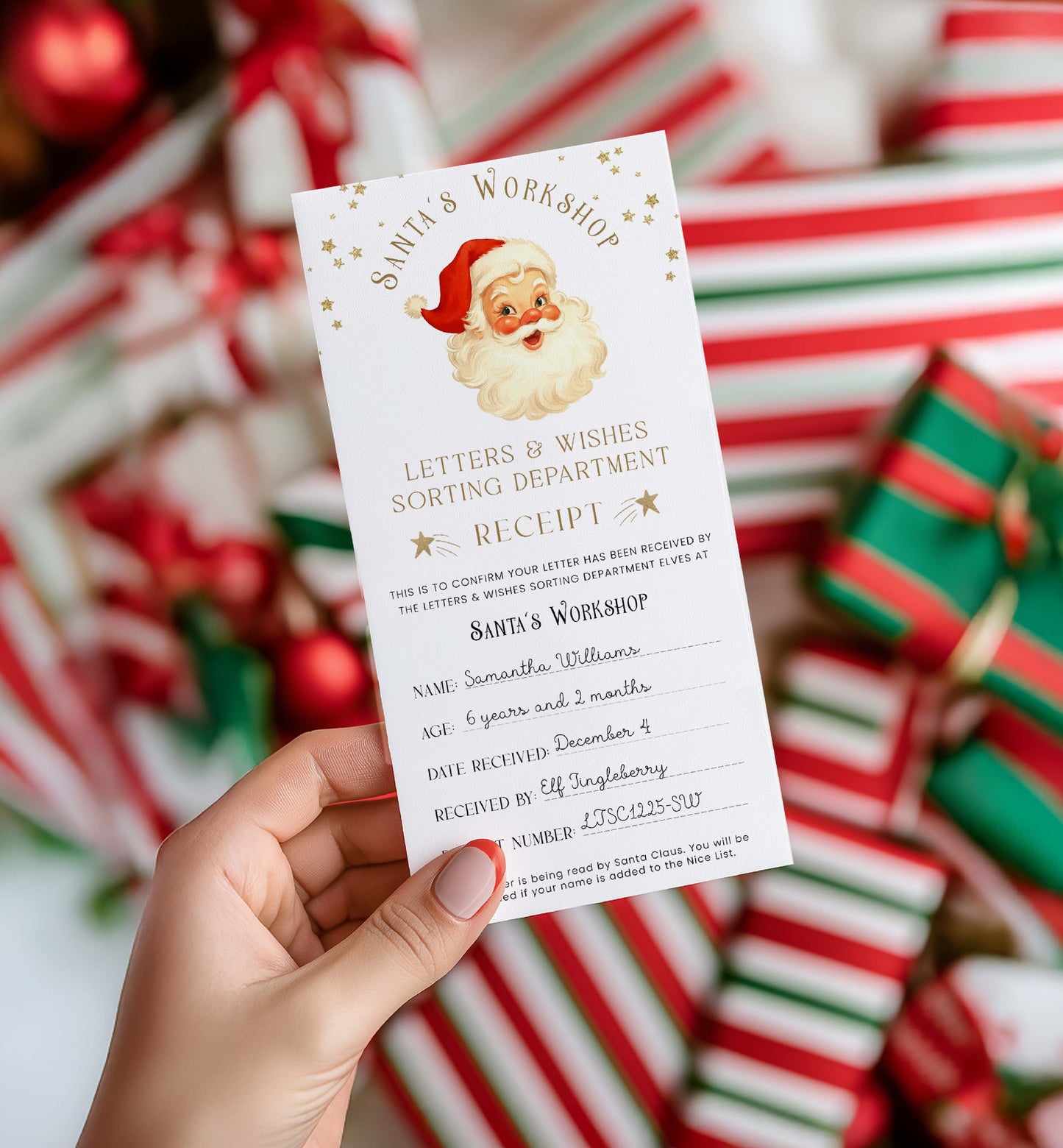 Santa's Workshop letter with a festive background of candy canes and red . Printable Letter To Santa Receipt, Santa's Nice List Receipt, Letter From Santa's Workshop, North Pole Mail, Christmas Eve Box Santa Letterballs.