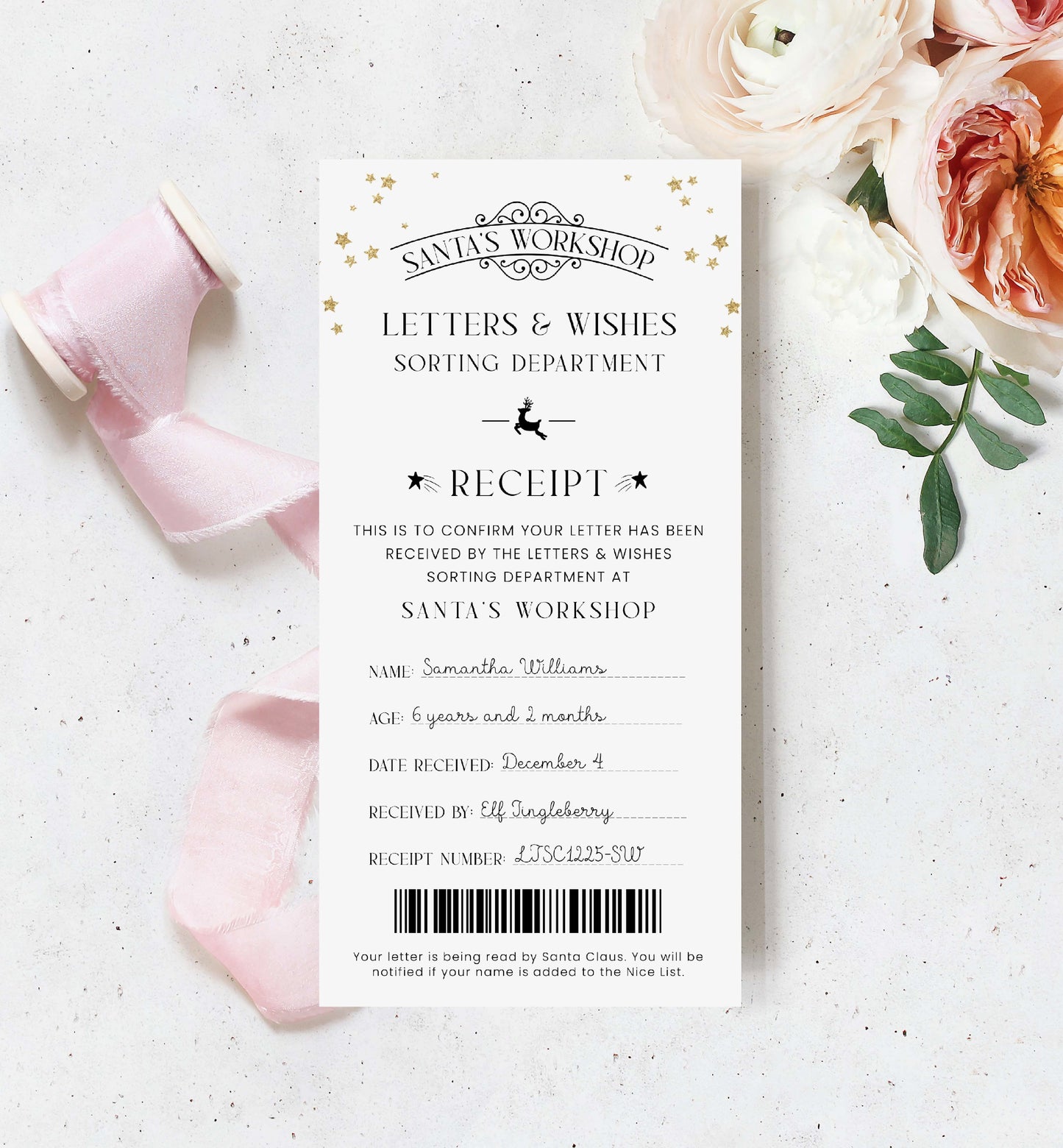Printable Letter To Santa Receipt, Santa's Nice List Receipt, Letter From Santa's Workshop, North Pole Mail, Christmas Eve Box Santa Letter