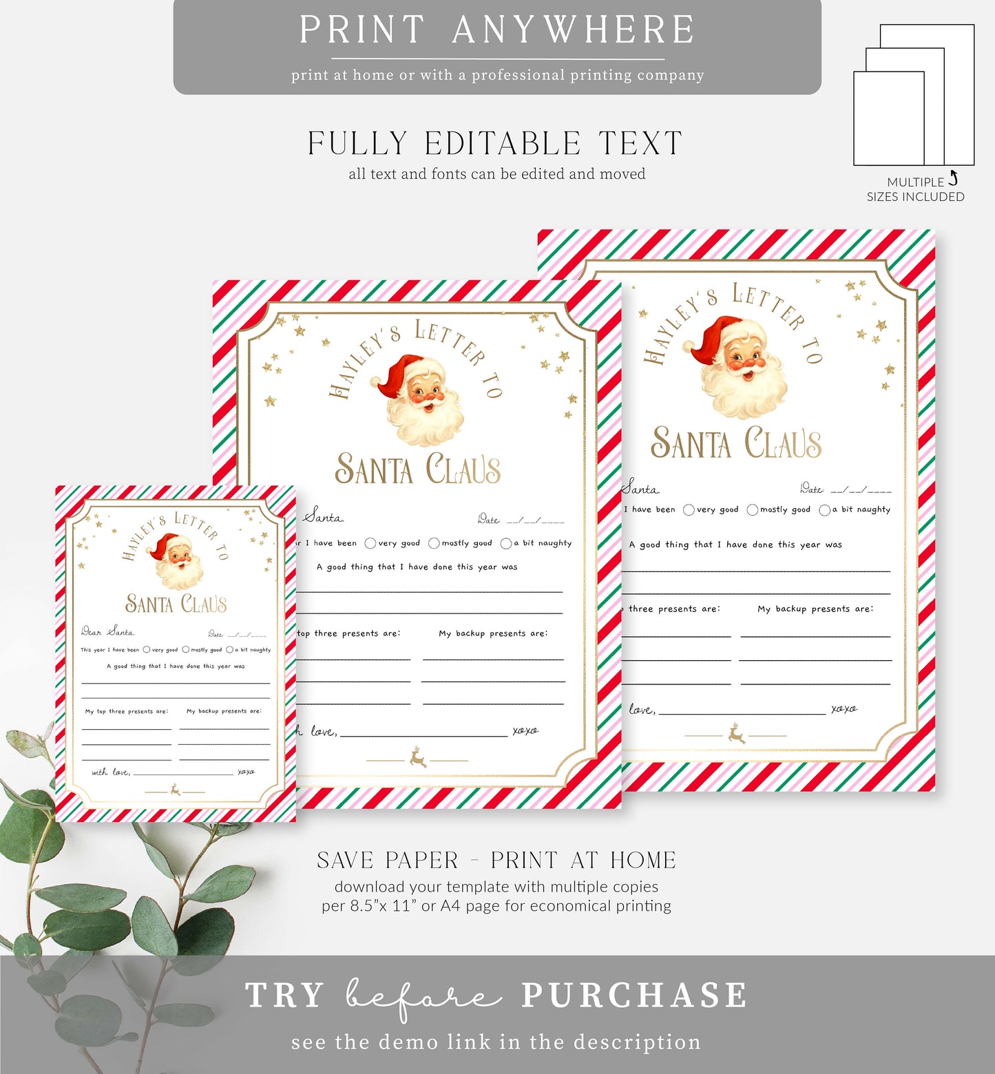 Stripe Pink | Printable Christmas Letter To Santa Template