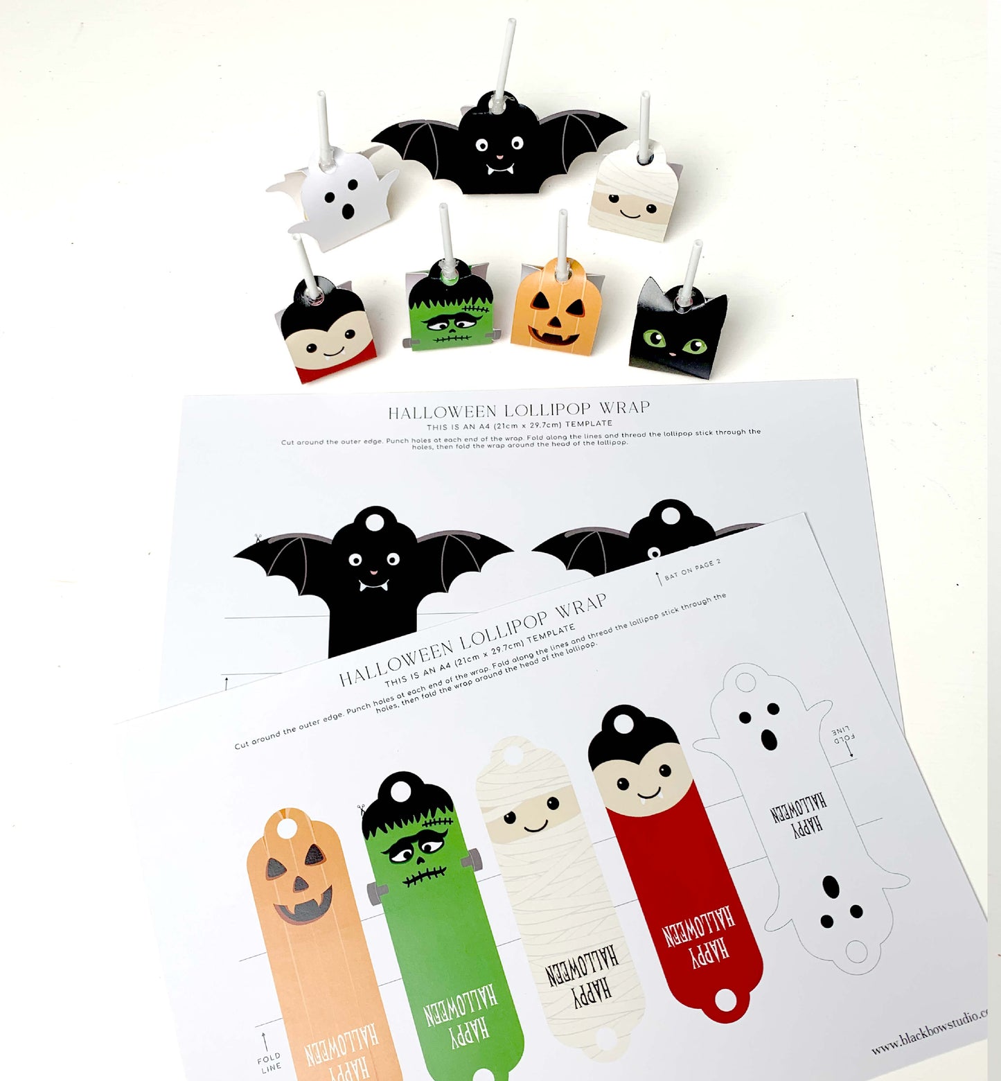 Halloween-themed lollipop wraps with characters on a white background. Printable Halloween Lollipop Tags Template, Halloween Trick or Treat Sucker Tag, Kids Classroom Halloween, Friends Halloween Gift
