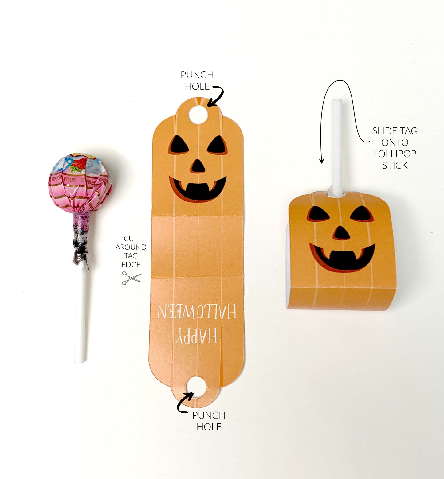 Halloween-themed lollipop holder with instructions on a white background. Printable Halloween Lollipop Tags Template, Halloween Trick or Treat Sucker Tag, Kids Classroom Halloween, Friends Halloween Gift