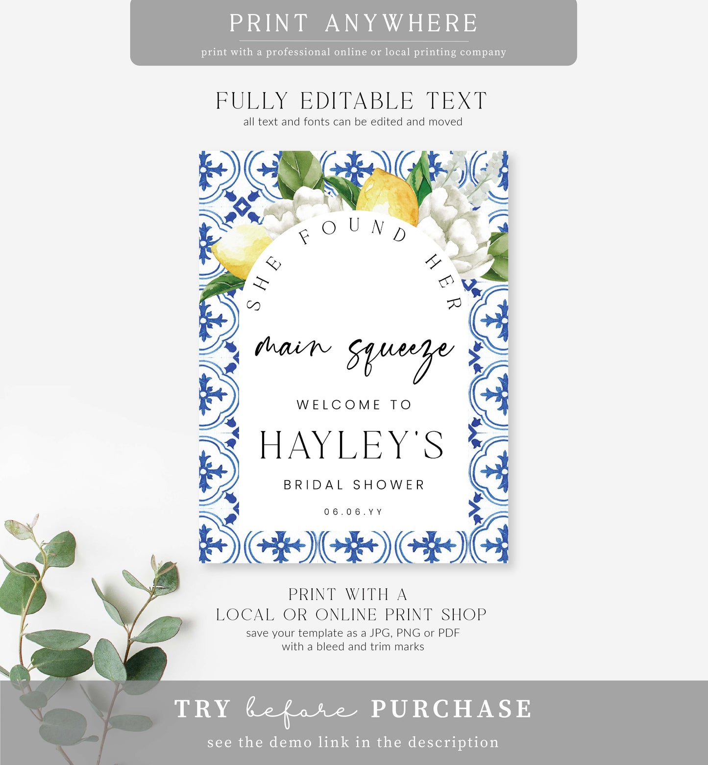 The Med Lemons | Printable Main Squeeze Welcome Sign Template