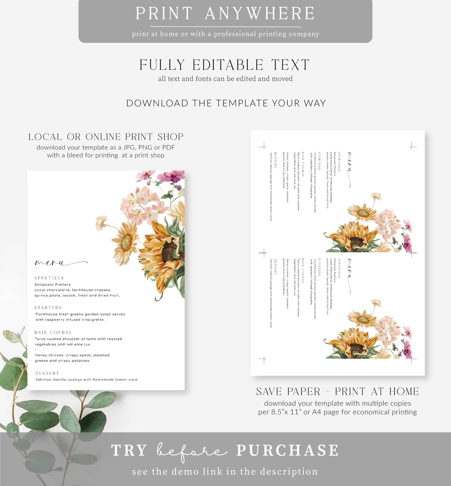 Mews Floral White | Printable Menu Template
