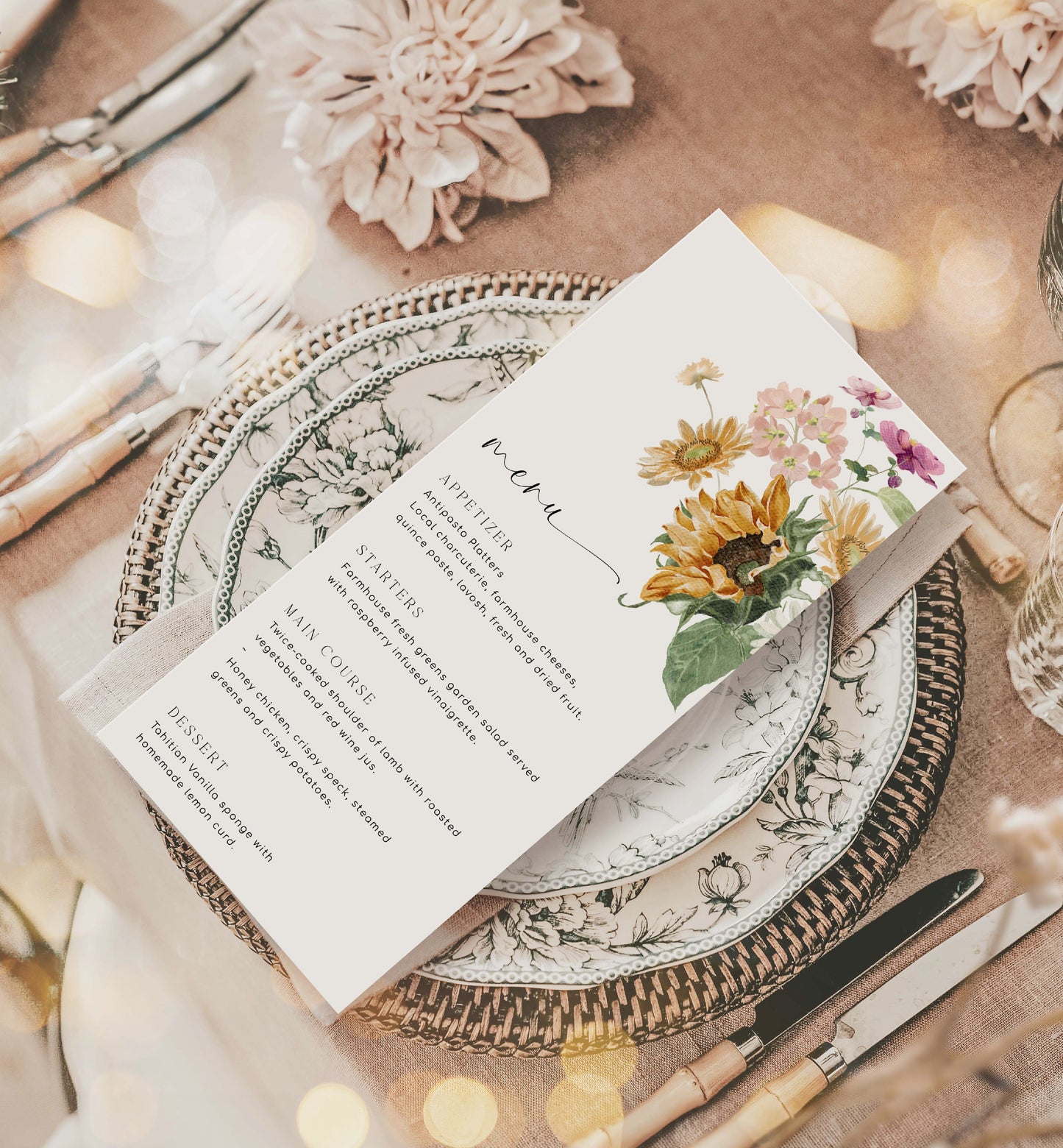 Printable Menu Template, Sunflower Floral Autumn Floral Wedding Table Menu, Fall Baby Shower Menu, Fall Floral Bridal Shower Menu, Mews