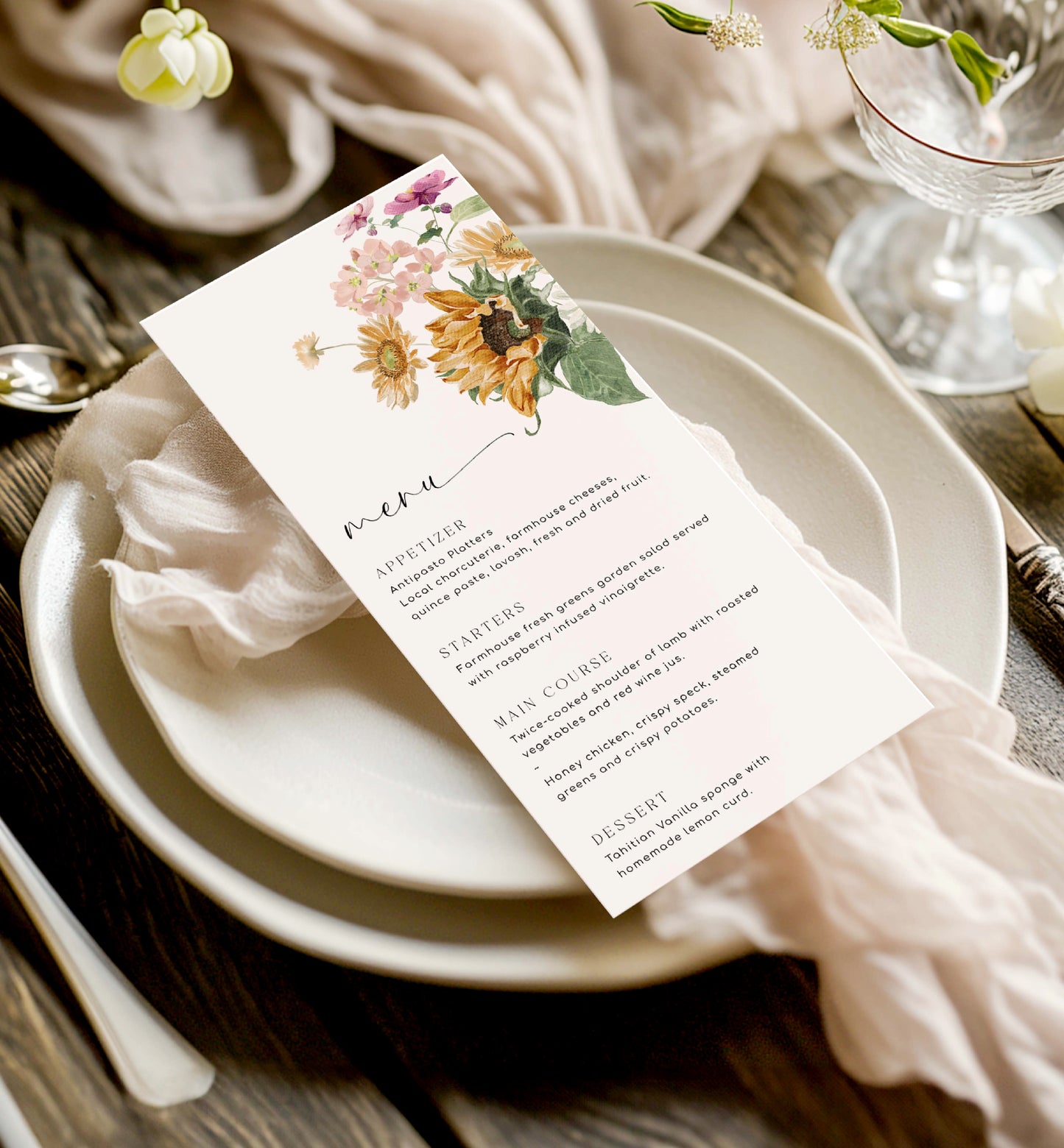 Printable Menu Template, Sunflower Floral Autumn Floral Wedding Table Menu, Fall Baby Shower Menu, Fall Floral Bridal Shower Menu, Mews