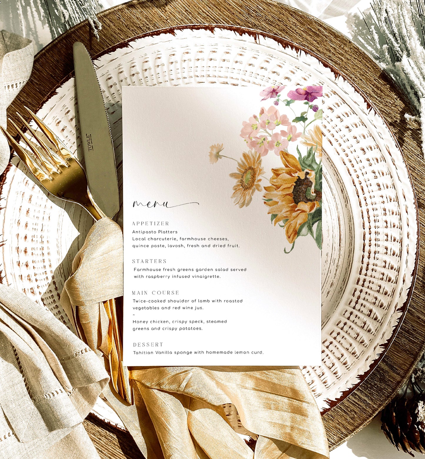 Printable Menu Template, Sunflower Floral Autumn Floral Wedding Table Menu, Fall Baby Shower Menu, Fall Floral Bridal Shower Menu, Mews