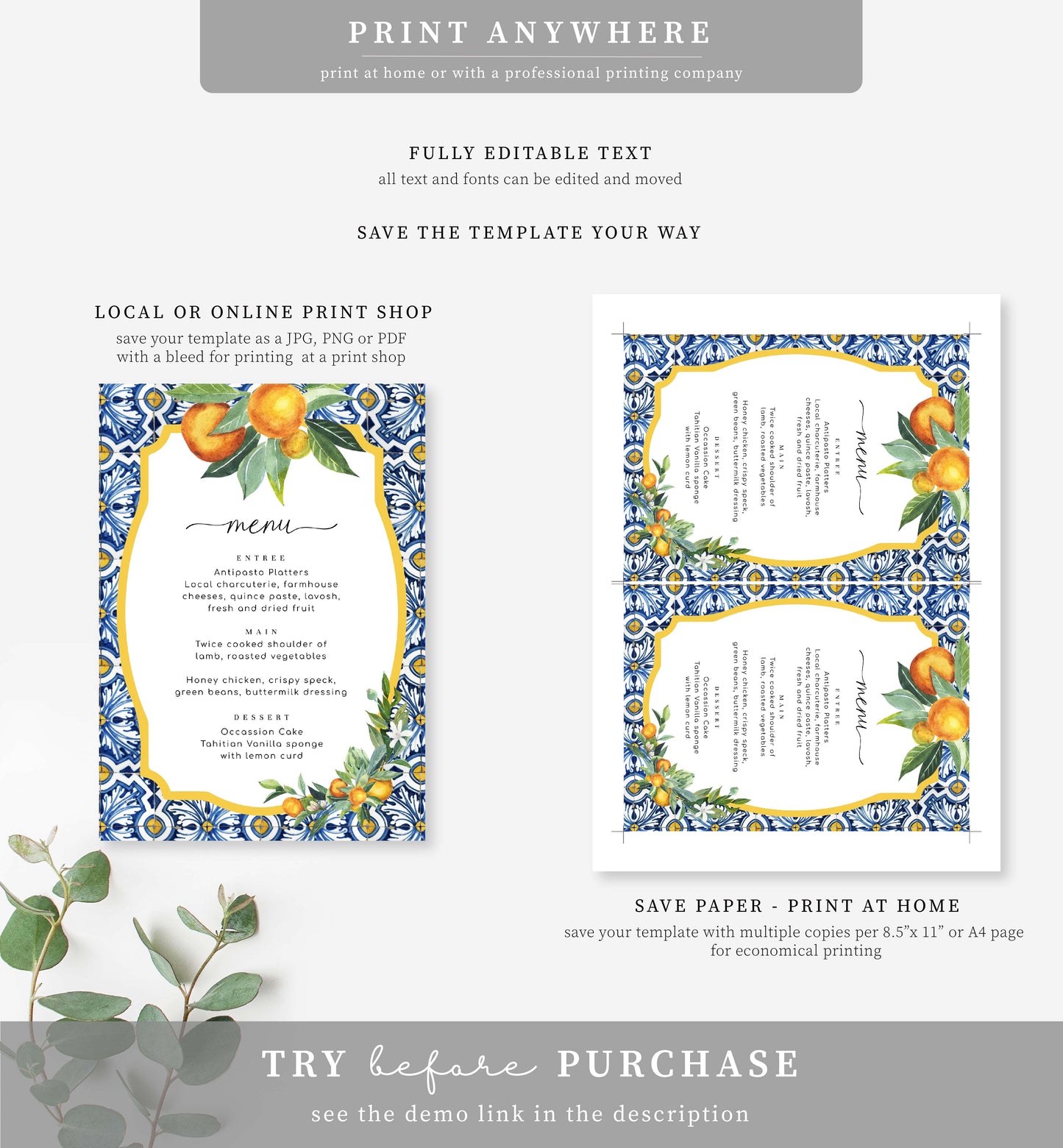 Positano Oranges | Printable Menu Template