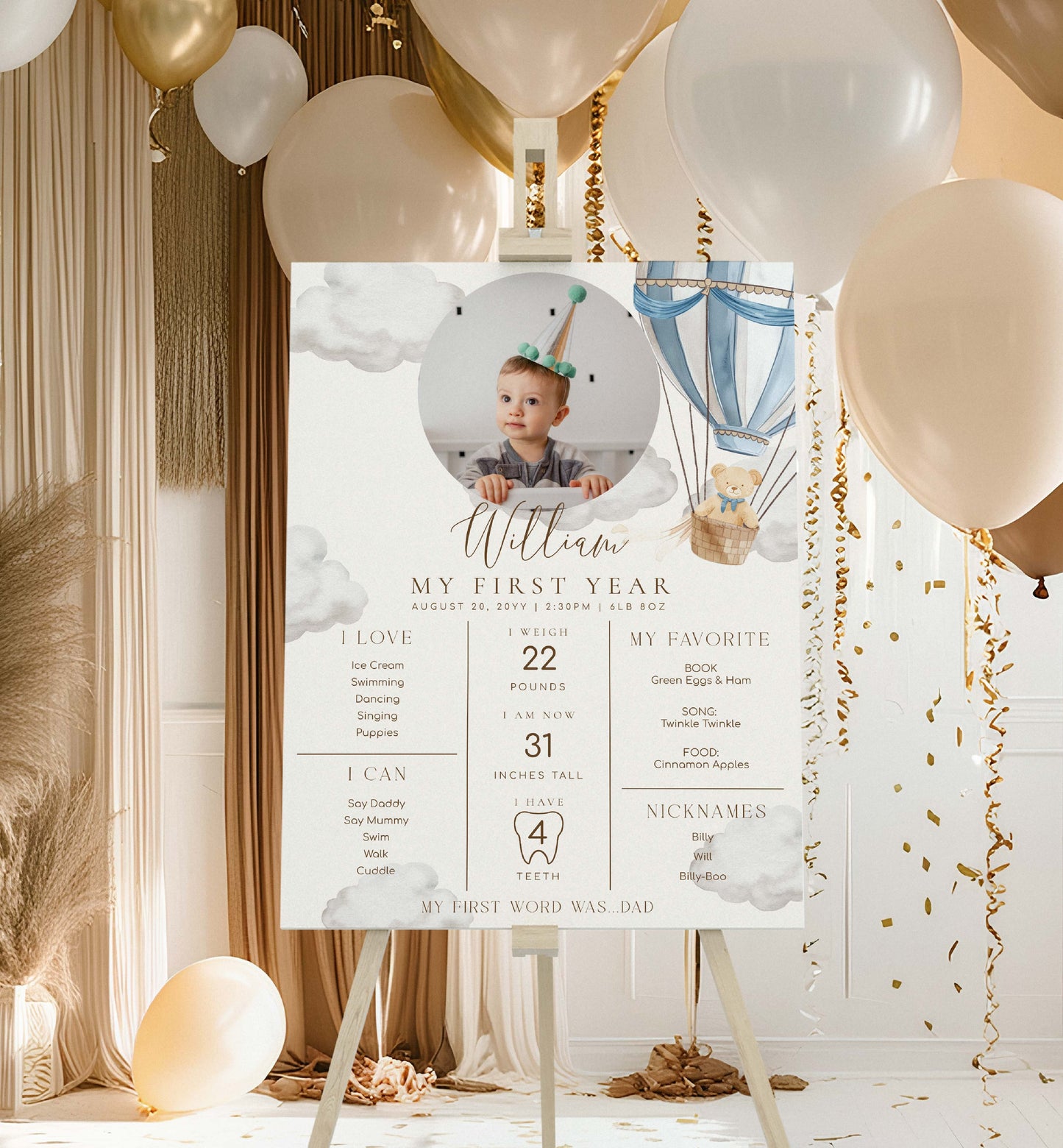 Baby milestone sign with balloons and decorative elements in a celebratory setting. Printable Baby Milestone Board, Teddy Bear Beary First Birthday, Baby's First Year Poster, 1st Birthday 12 Months Milestone Photo Banner Sign