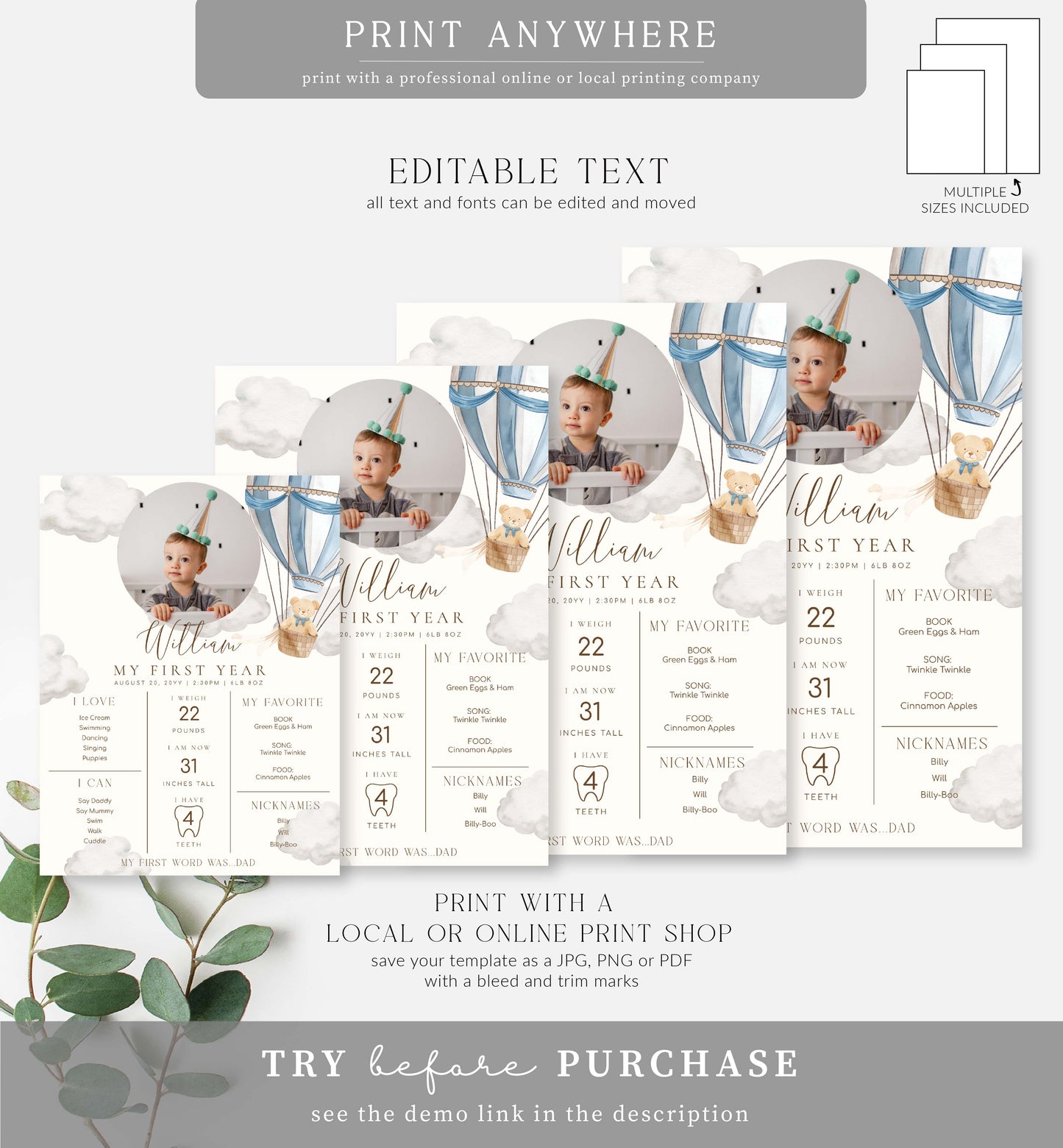 Beary First Blue | Printable First Birthday Milestone Sign Template