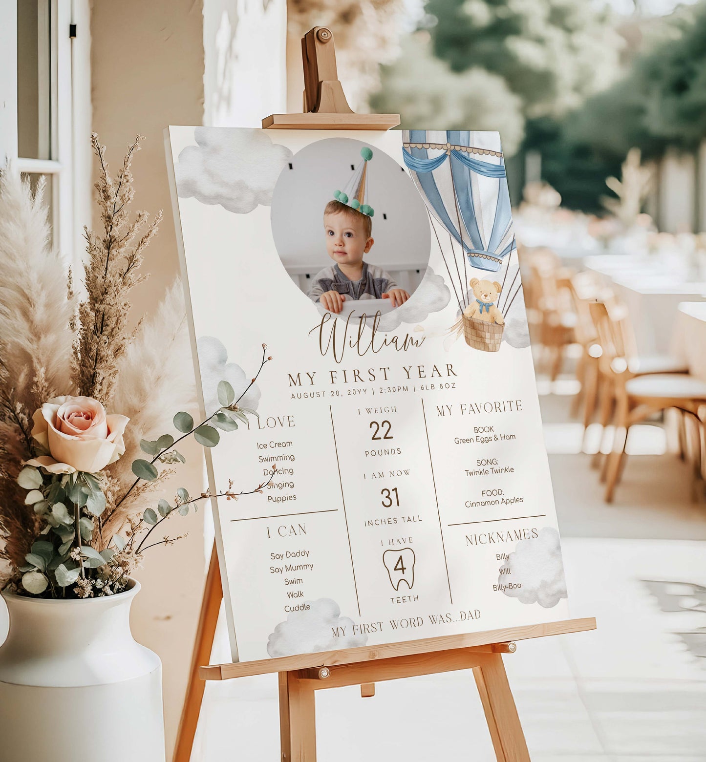 Baby milestone sign on an easel with a blurred outdoor setting. Printable Baby Milestone Board, Teddy Bear Beary First Birthday, Baby's First Year Poster, 1st Birthday 12 Months Milestone Photo Banner Sign