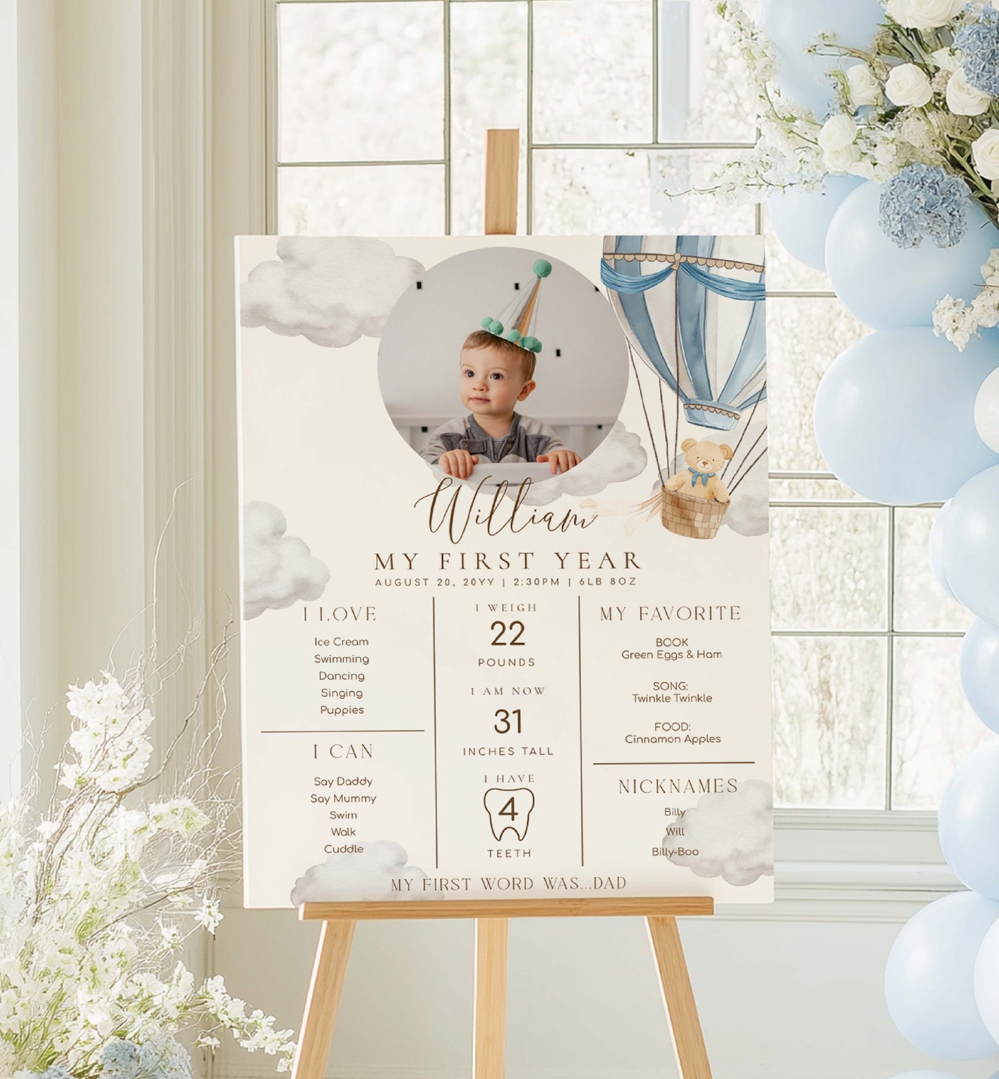 One-year-old milestone poster with balloons and flowers in a room. Printable Baby Milestone Board, Teddy Bear Beary First Birthday, Baby's First Year Poster, 1st Birthday 12 Months Milestone Photo Banner Sign
