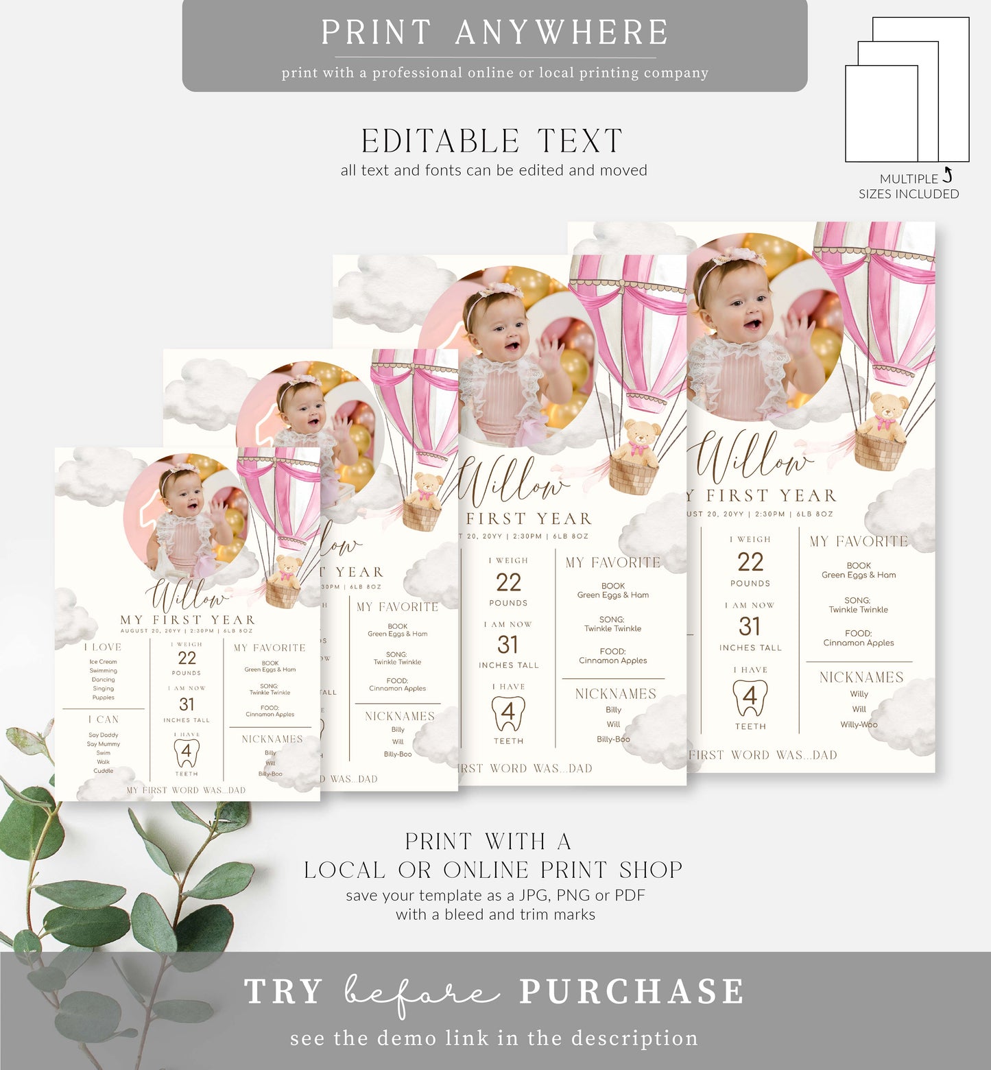 Beary First Pink | Printable First Birthday Milestone Sign Template