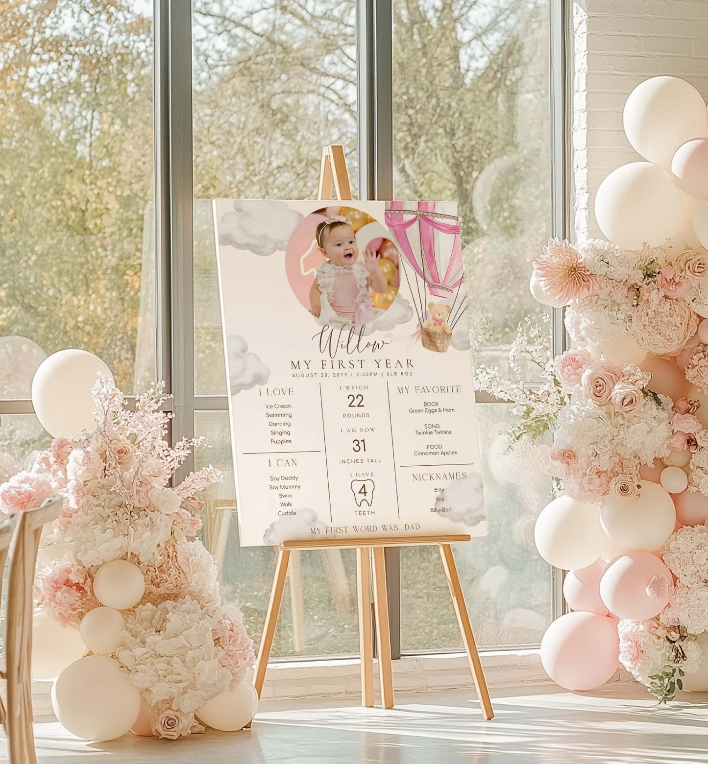Decorative setup with balloons and a milestone card in front of a window. Printable Baby Milestone Board, Teddy Bear Beary First Birthday, Baby's First Year Poster, 1st Birthday 12 Months Milestone Photo Banner Sign