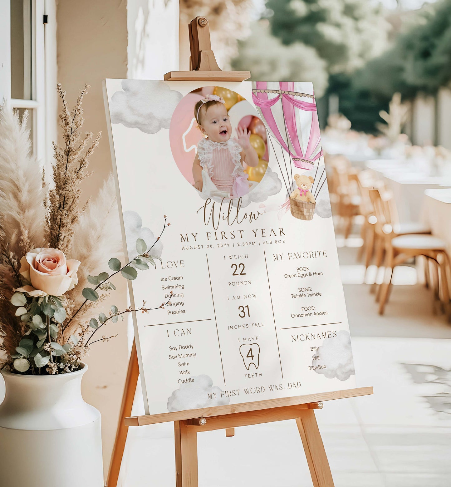 Baby milestone sign on an easel with a blurred outdoor setting. Printable Baby Milestone Board, Teddy Bear Beary First Birthday, Baby's First Year Poster, 1st Birthday 12 Months Milestone Photo Banner Sign