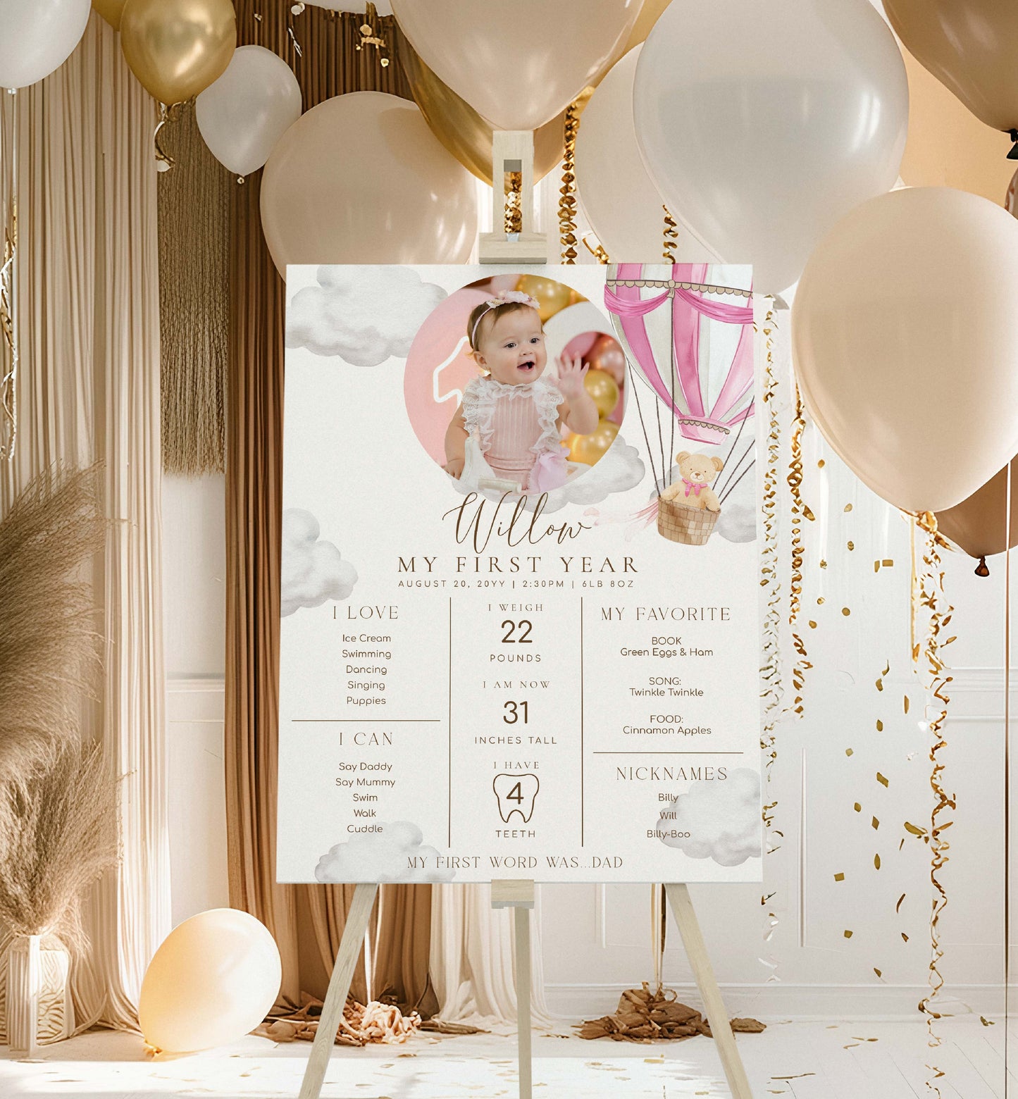 Baby milestone chart on an easel with balloons and decorative items in the background. Printable Baby Milestone Board, Teddy Bear Beary First Birthday, Baby's First Year Poster, 1st Birthday 12 Months Milestone Photo Banner Sign