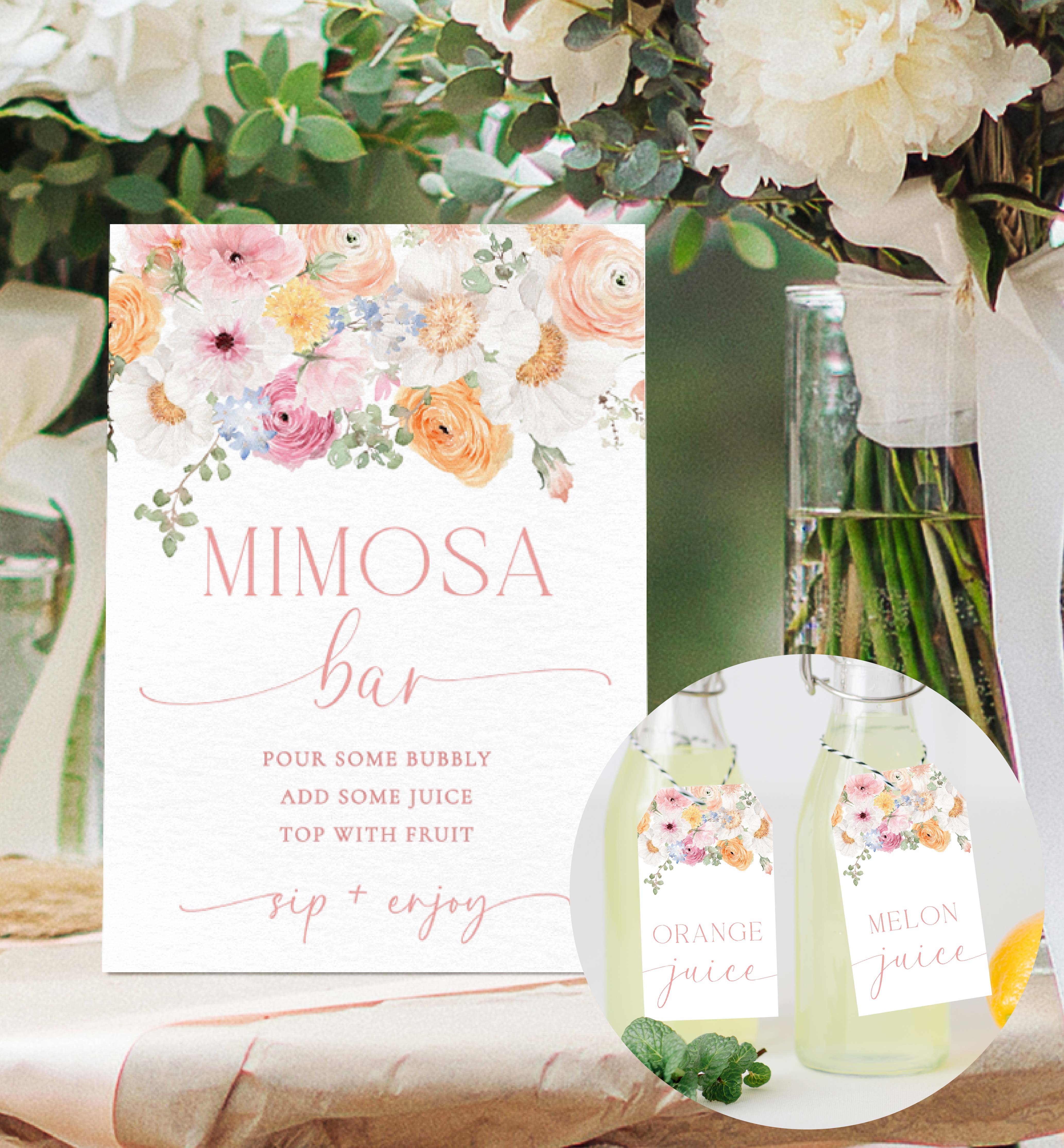 Mimosa Bar Sign Juice Labels Tags Templates, Blush Pink Floral