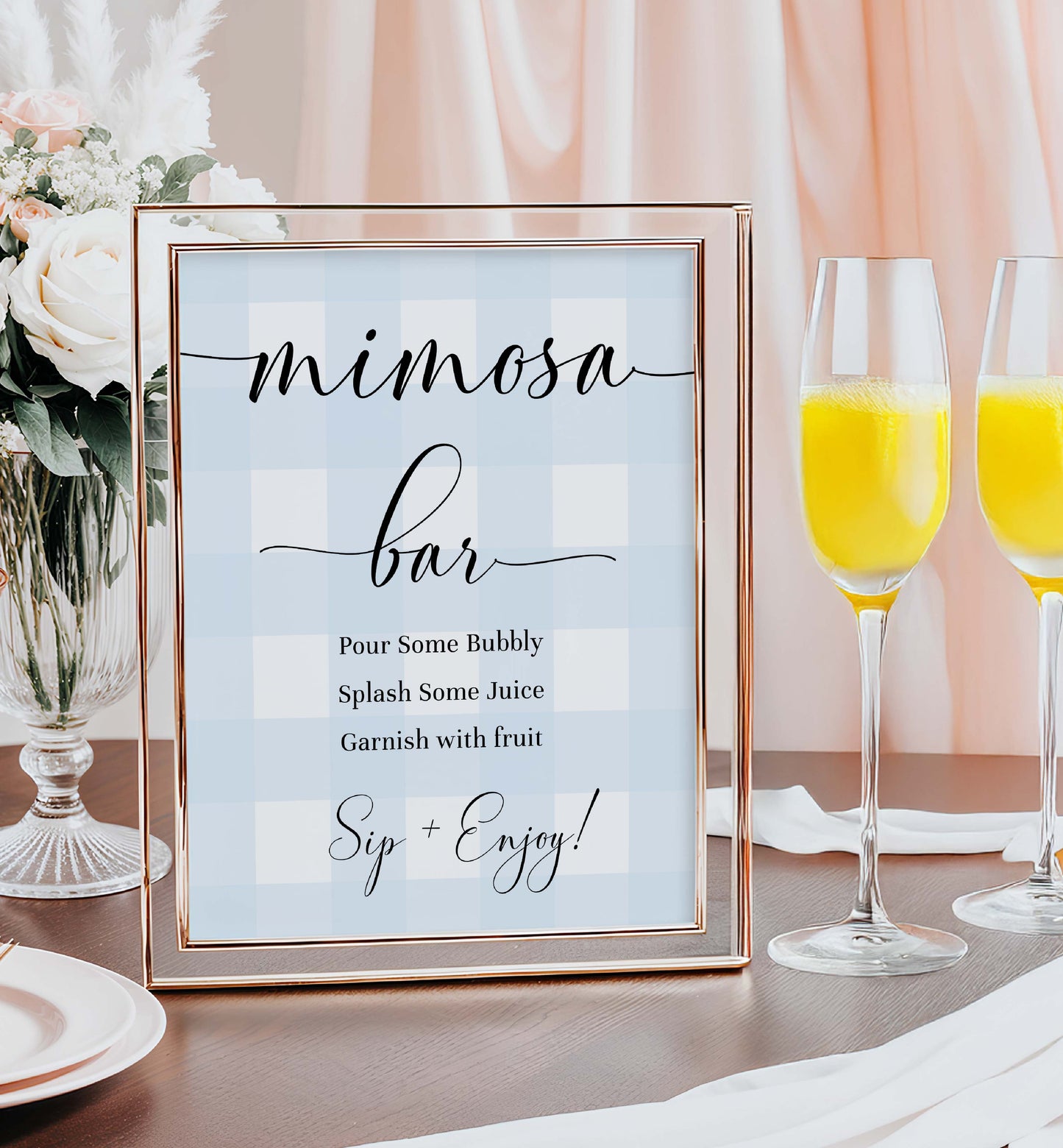 Printable Mimosa Bar Sign, Blue Gingham Mimosa Bar Sign, Editable Printable Boy Baby Shower Mom-osa Bar Sign, Boy Baby Shower Drinks Sign