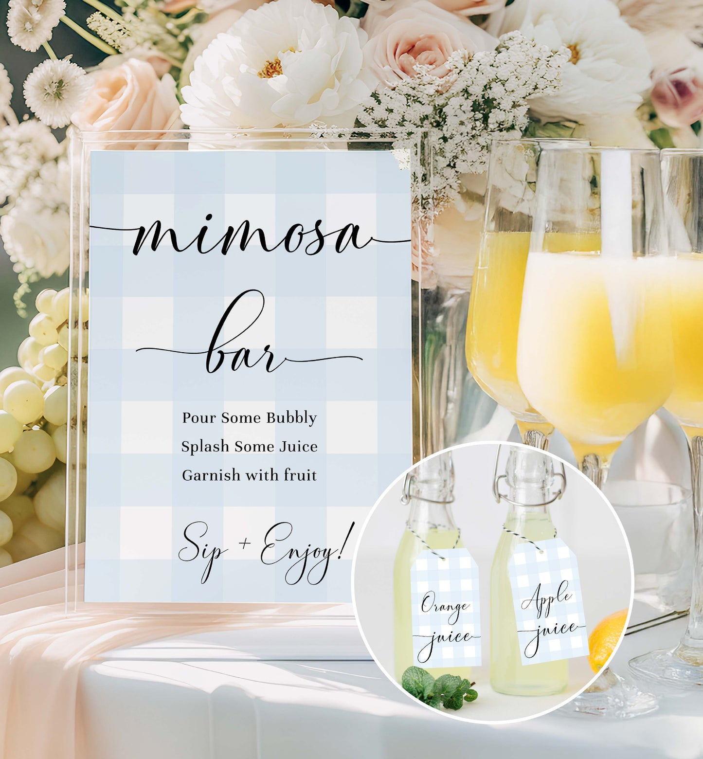 Printable Mimosa Bar Sign, Blue Gingham Mimosa Bar Sign, Editable Printable Boy Baby Shower Mom-osa Bar Sign, Boy Baby Shower Drinks Sign